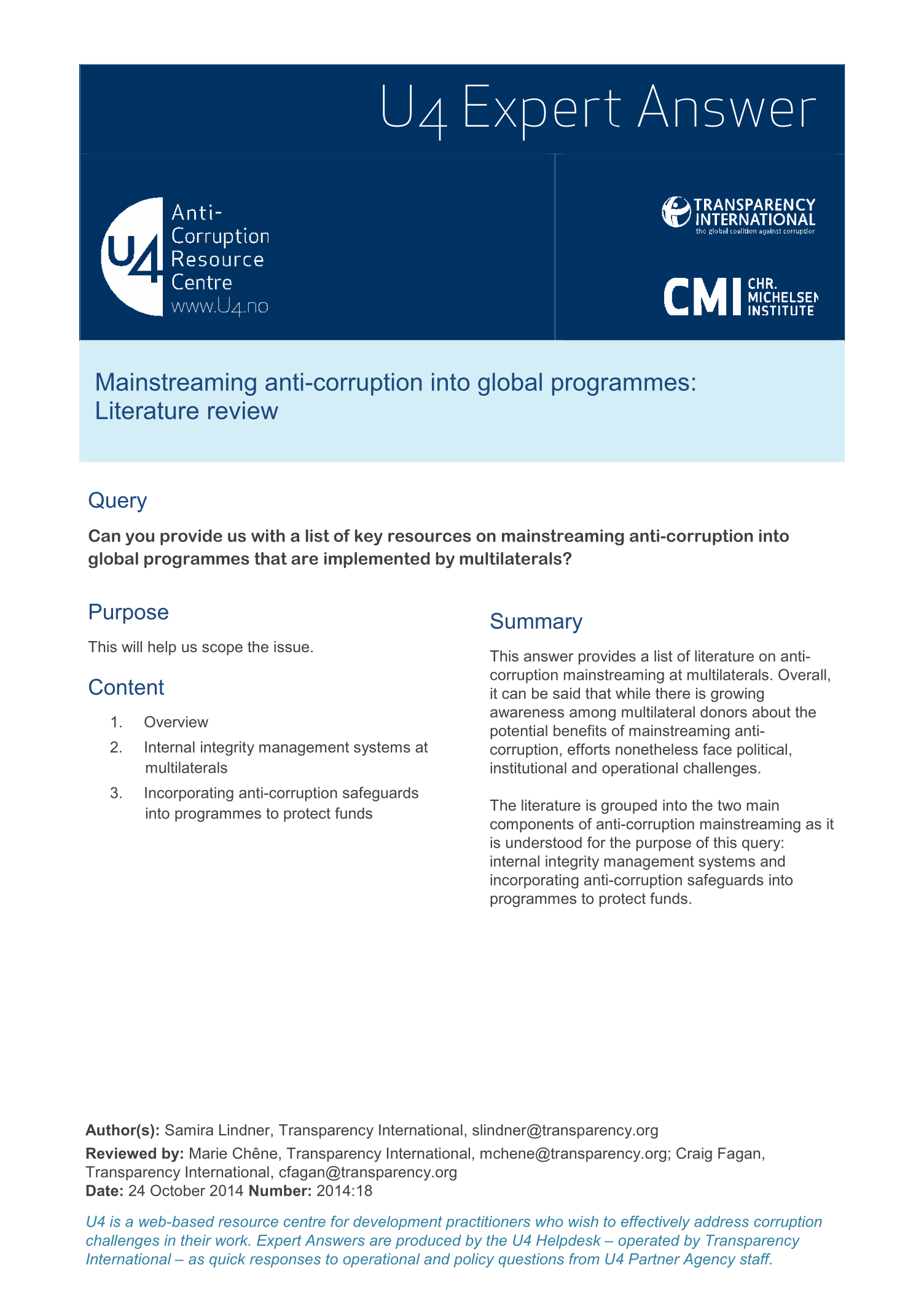 Mainstreaming anti-corruption into global programmes: Literature review