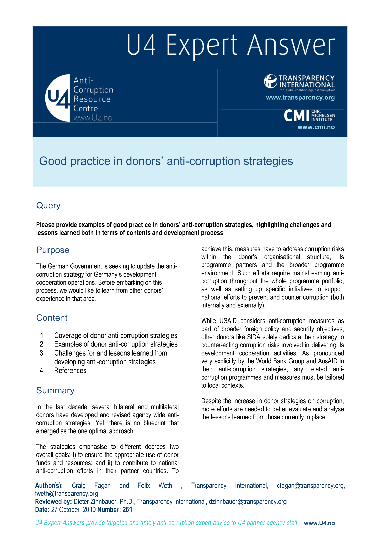 Good practice in donors’ anti-corruption strategies