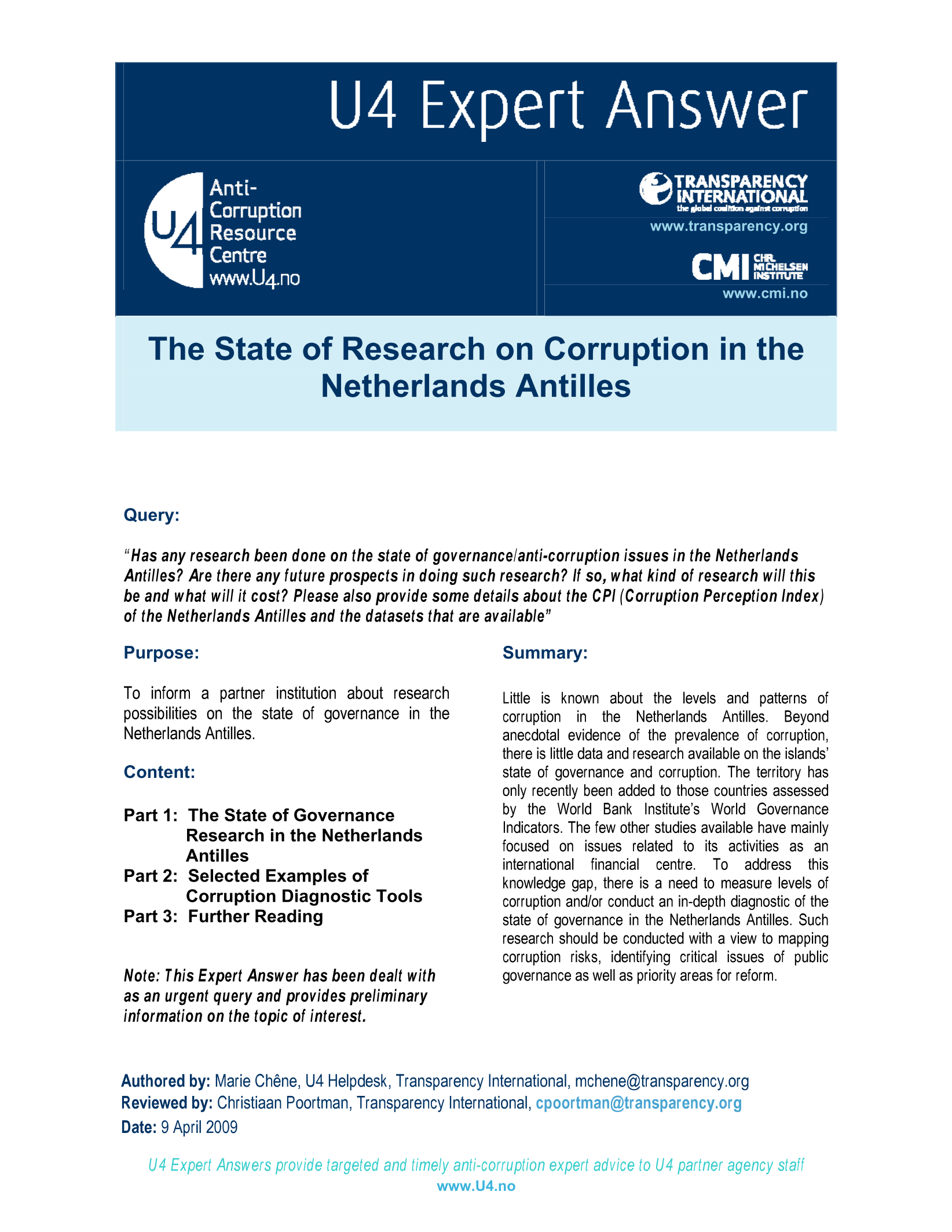 The state of research on corruption in the Netherlands Antilles