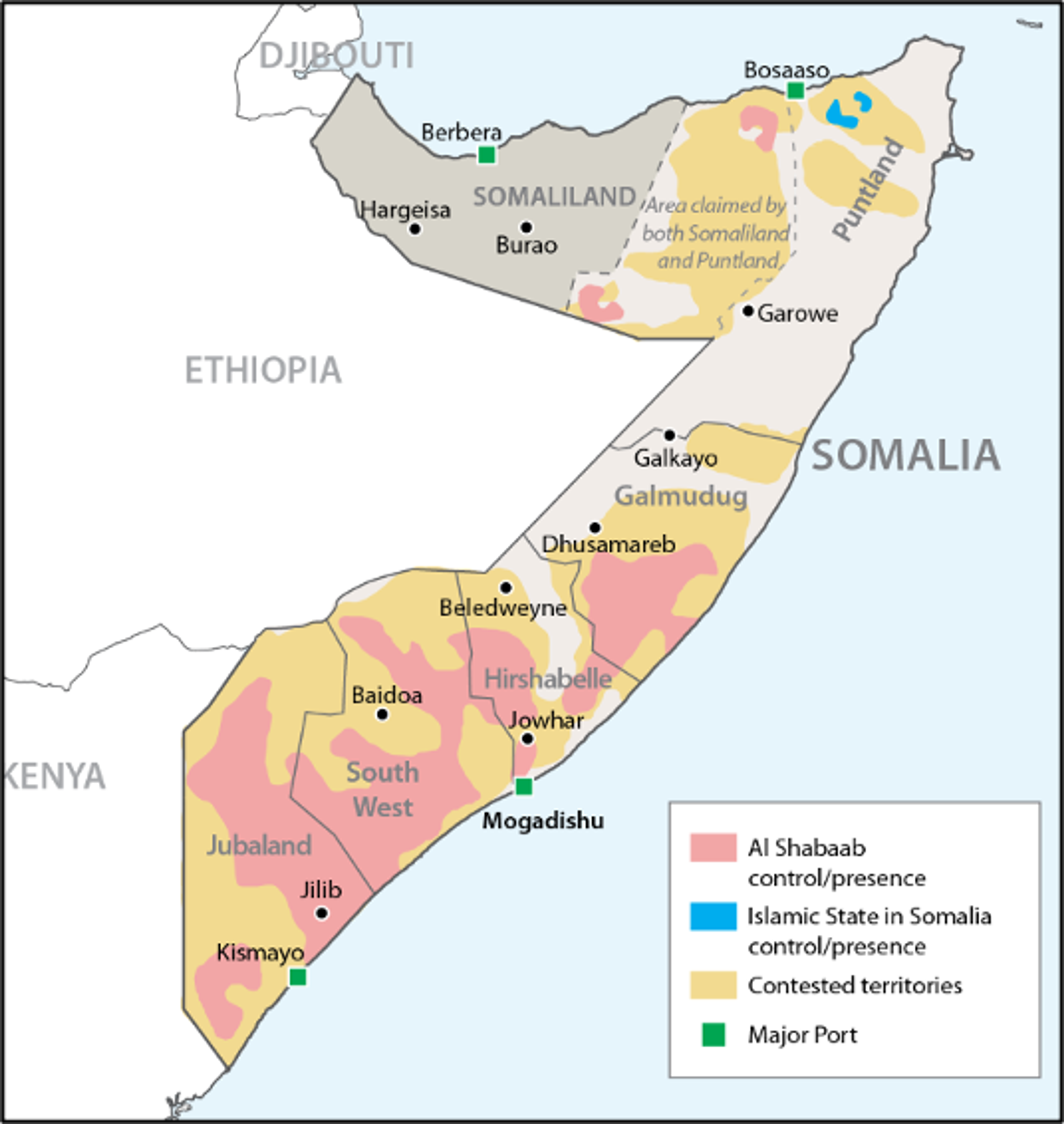  Gemini said Map of Somalia showing regions controlled by Al Shabaab, Islamic State, and contested territories.