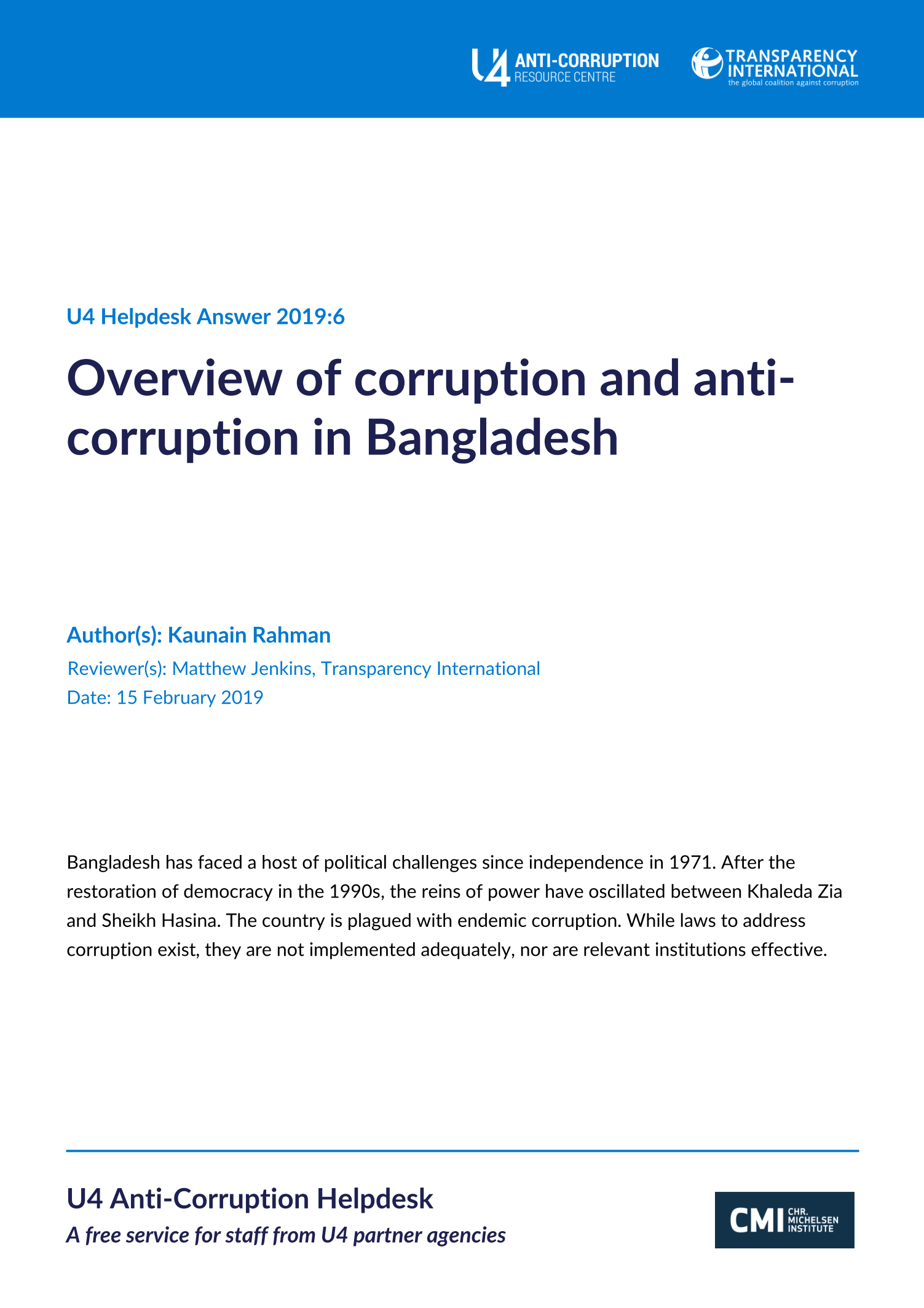 Bangladesh: Overview of corruption and anti-corruption efforts