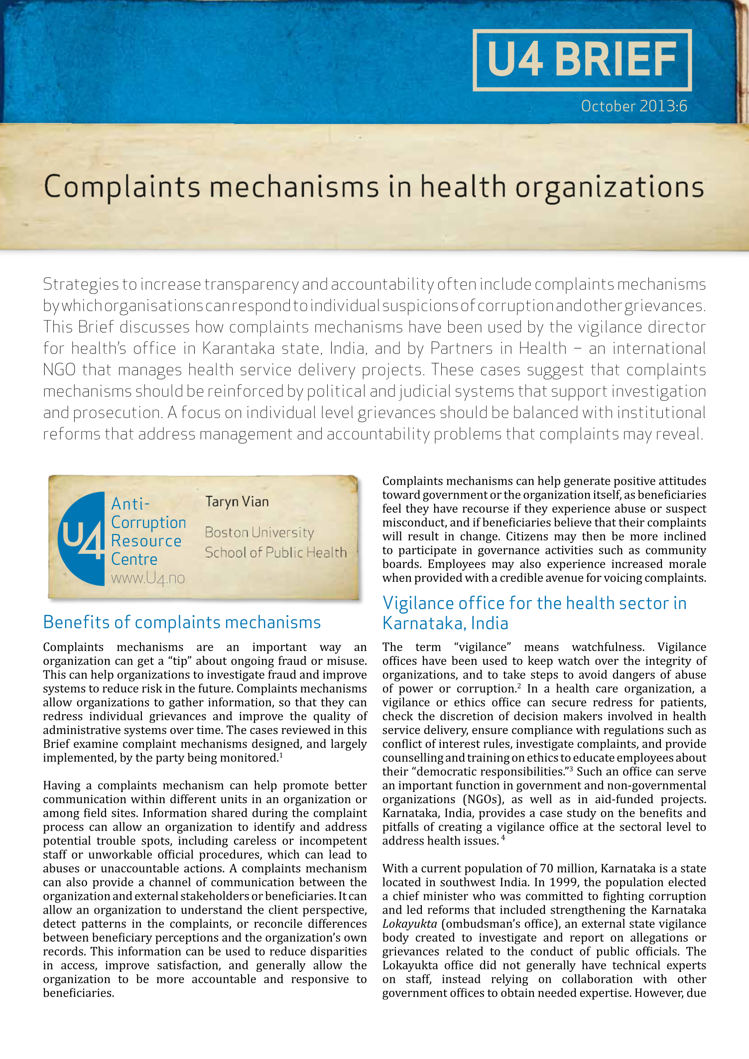 Complaints mechanisms in health organisations