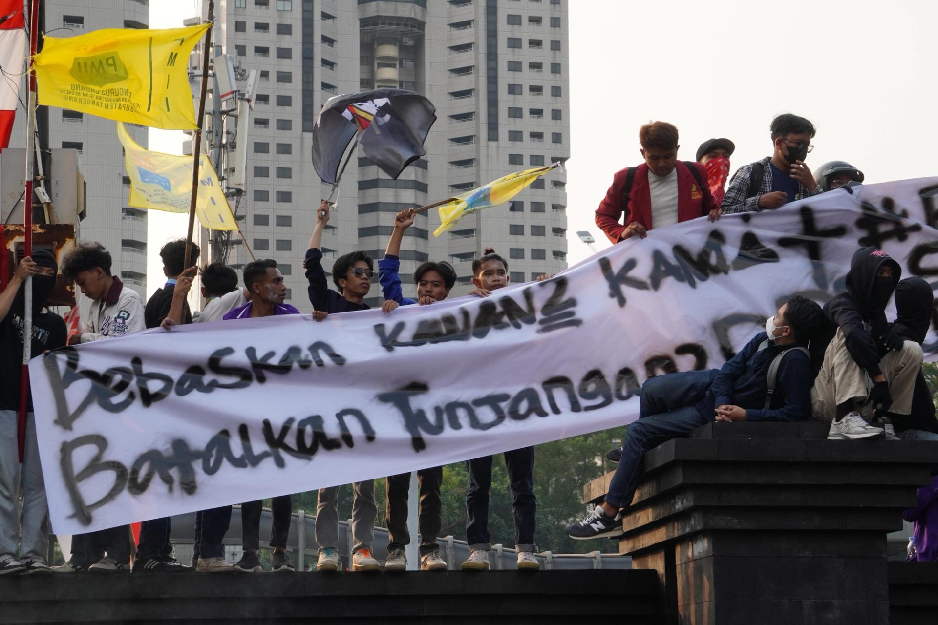 Protesters holding flags and a banner.
