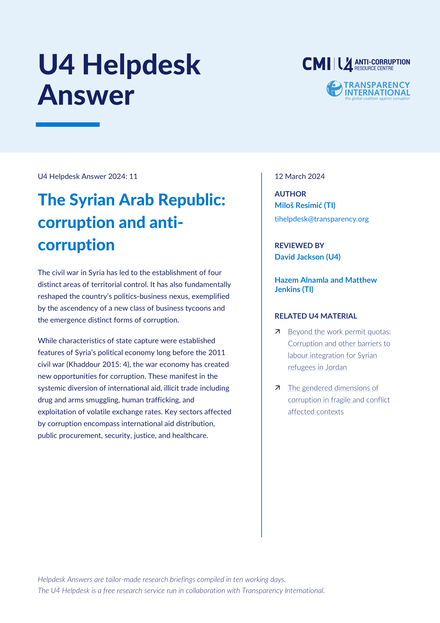 The Syrian Arab Republic: corruption and anti-corruption