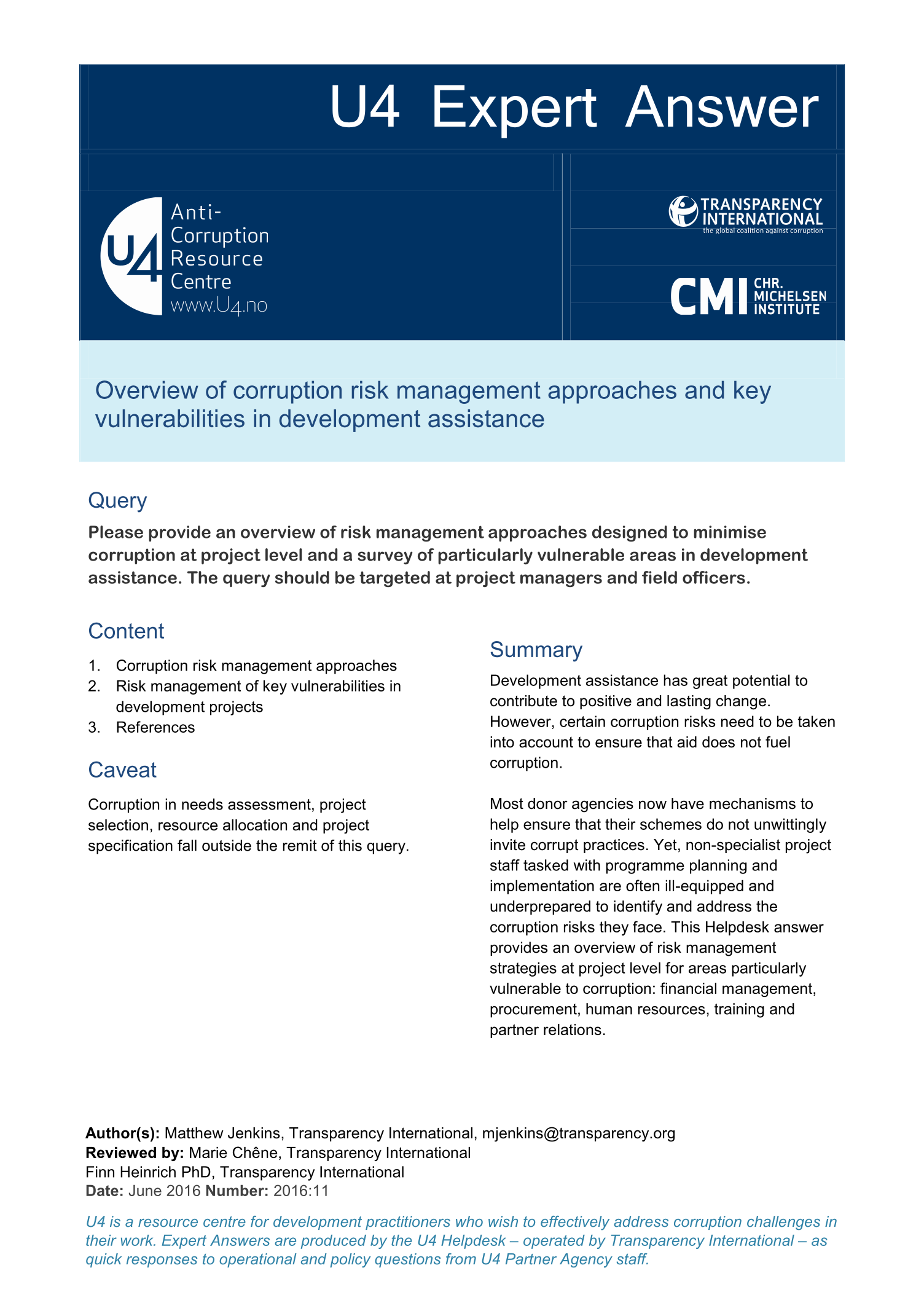 Overview of corruption risk management approaches and key vulnerabilities in development assistance