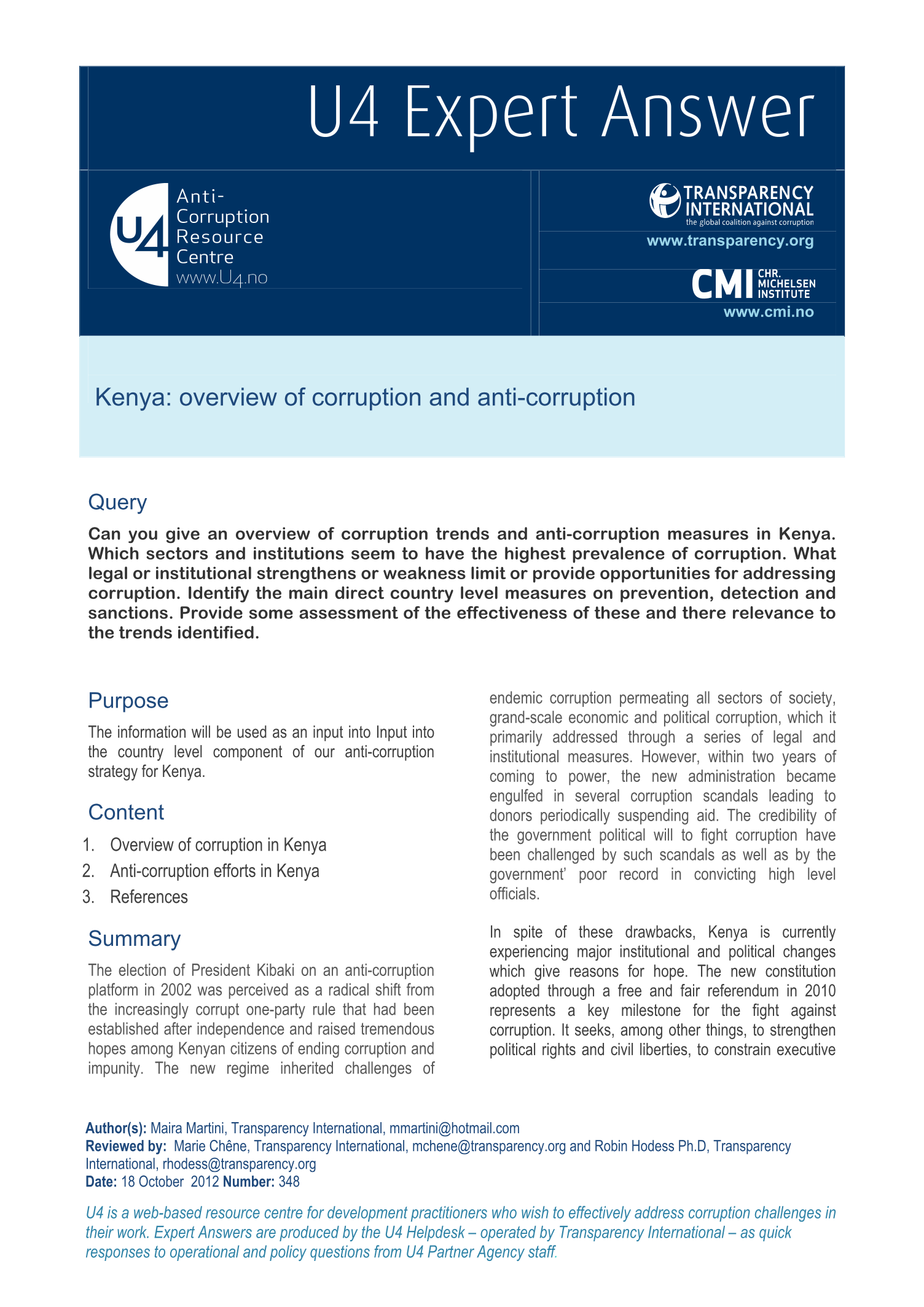 Kenya: overview of corruption and anti-corruption