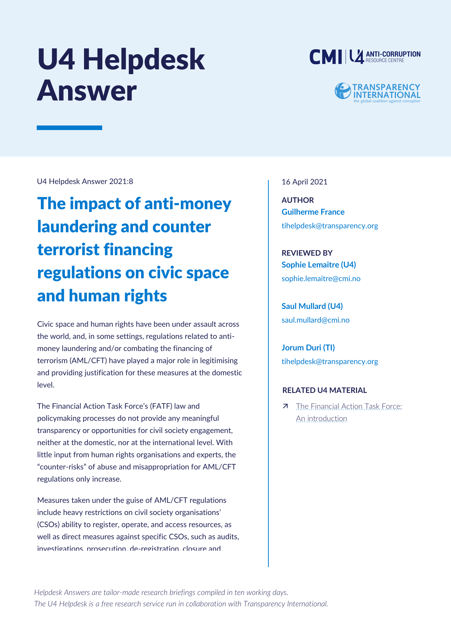 The impact of anti-money laundering and counter terrorist financing regulations on civic space and human rights