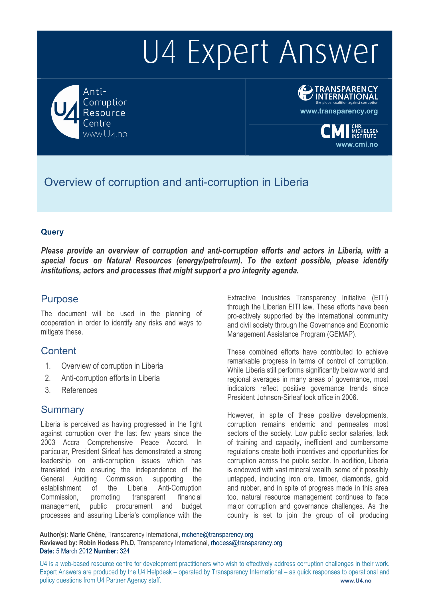 Overview of corruption and anti-corruption in Liberia