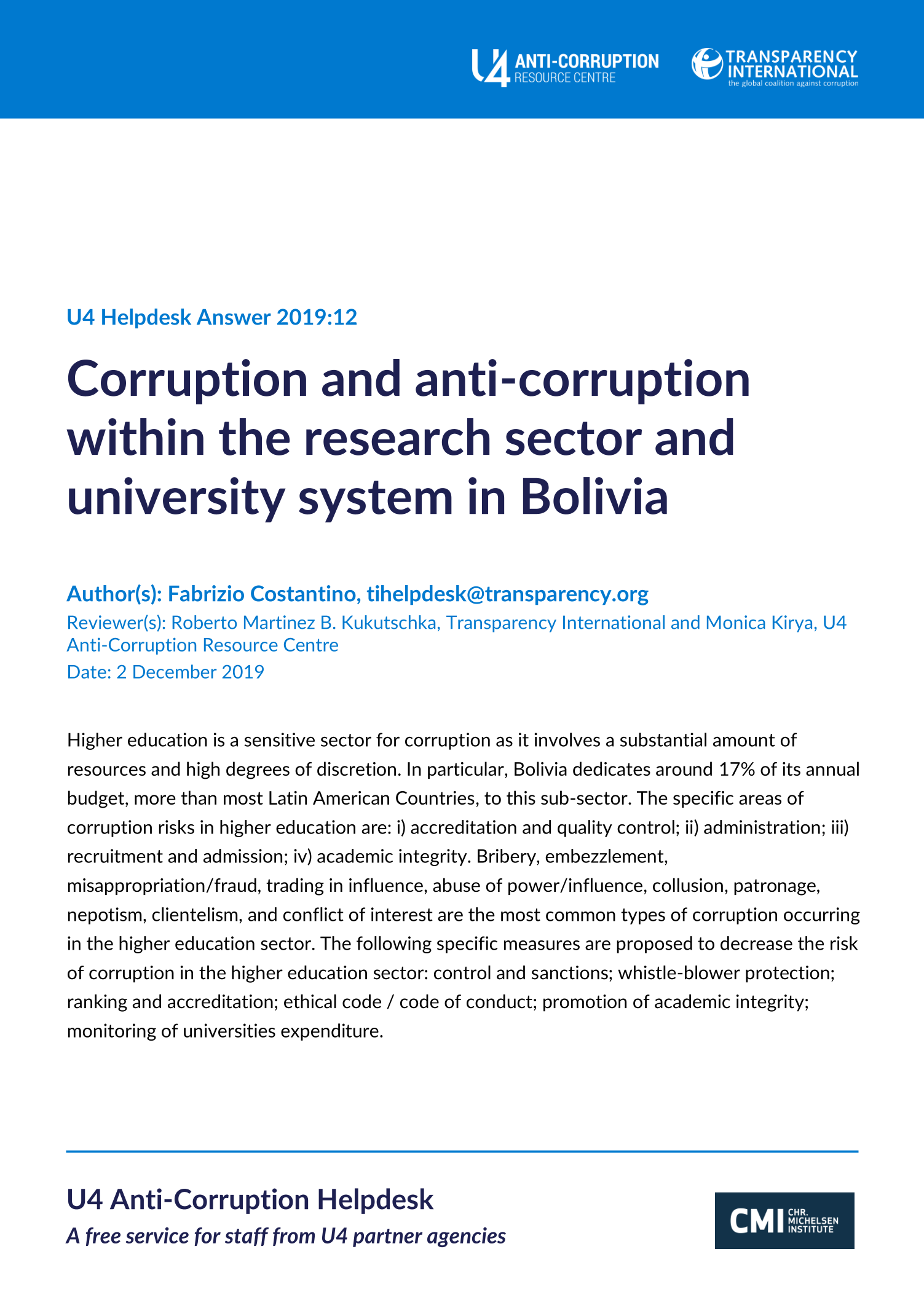 Corruption and anti-corruption within the research sector and university system in Bolivia