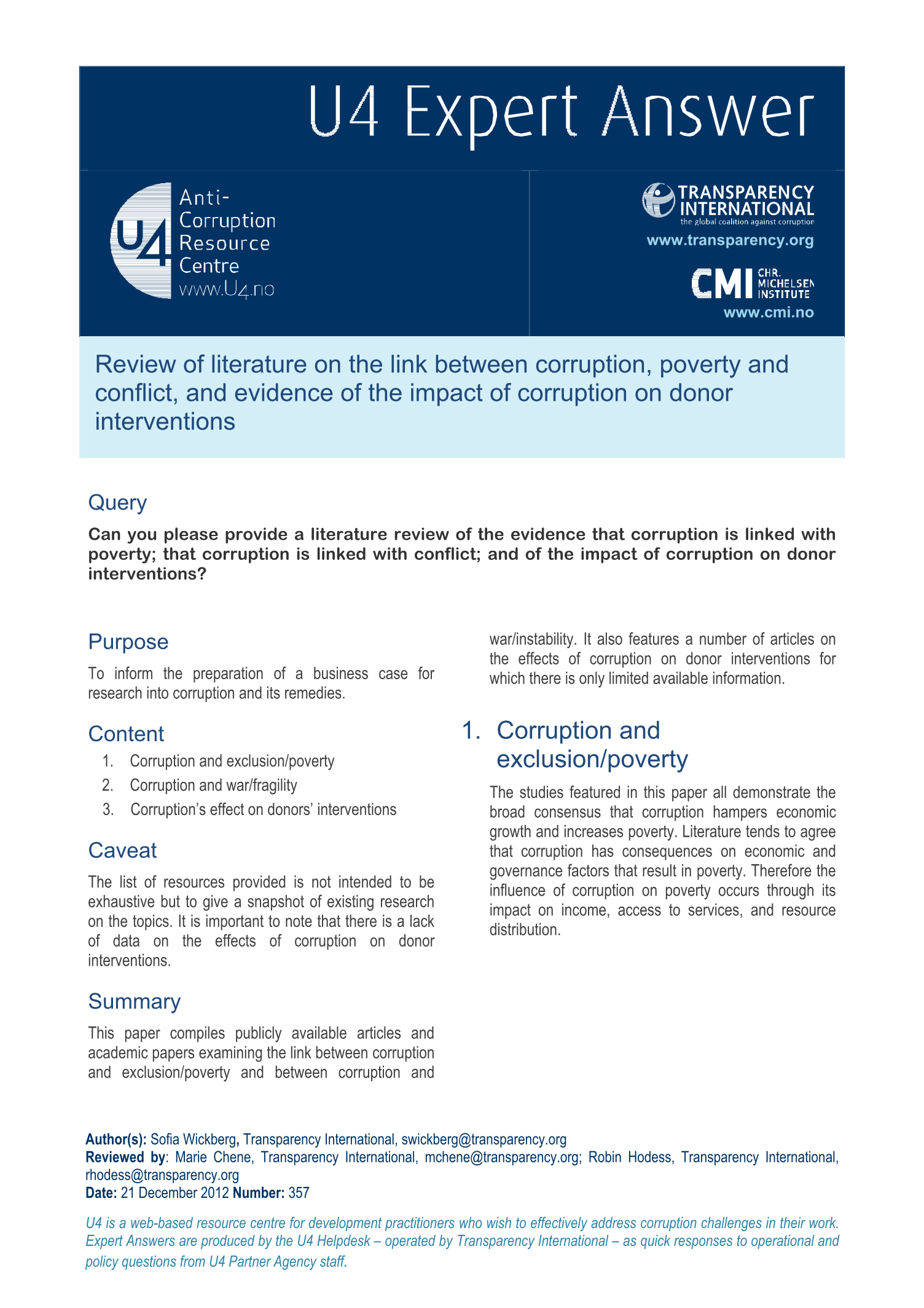 Review of literature on the link between corruption, poverty and conflict, and evidence of the impact of corruption on donor interventions