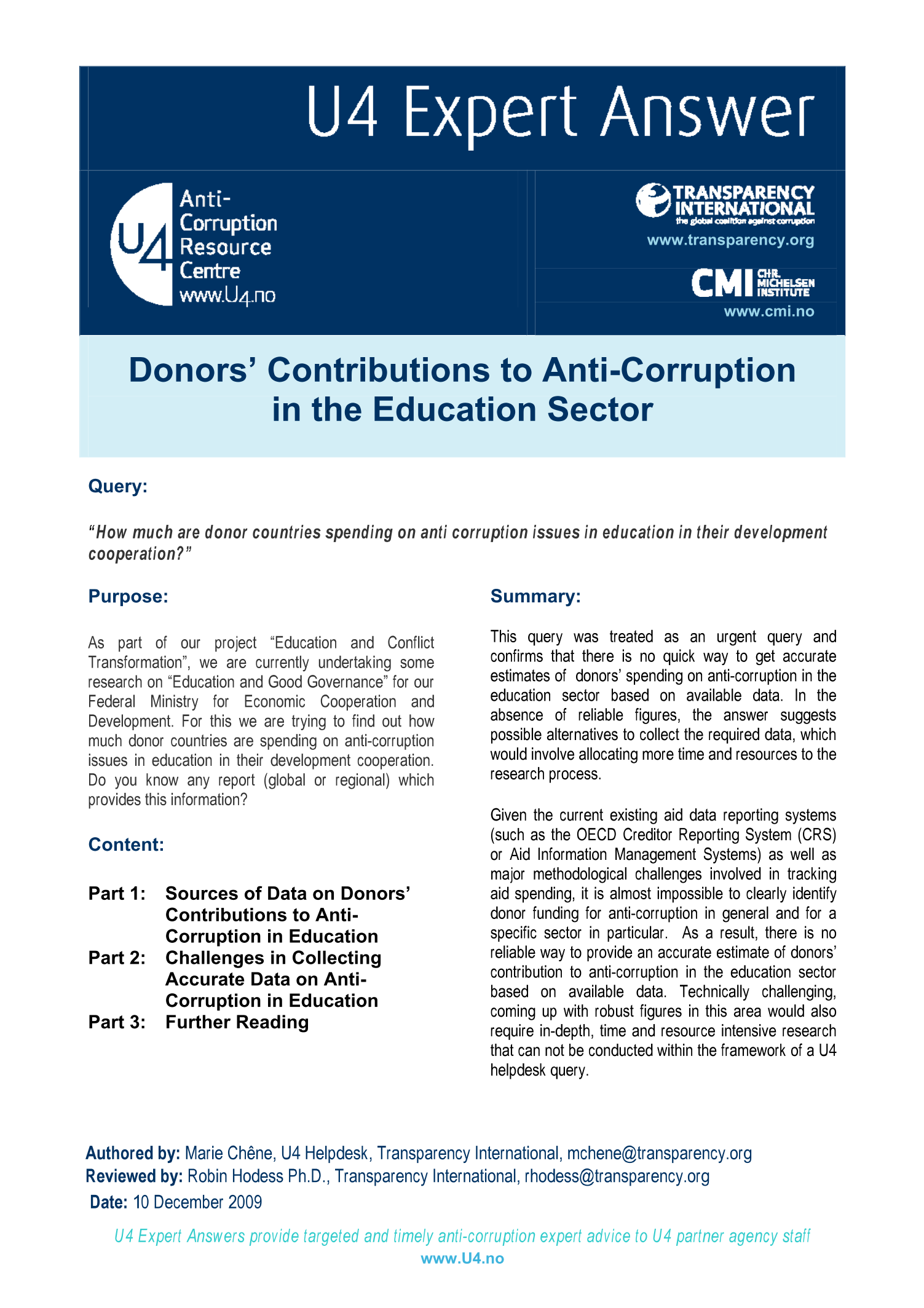 Donors’ Contributions to Anti-Corruption in the Education Sector