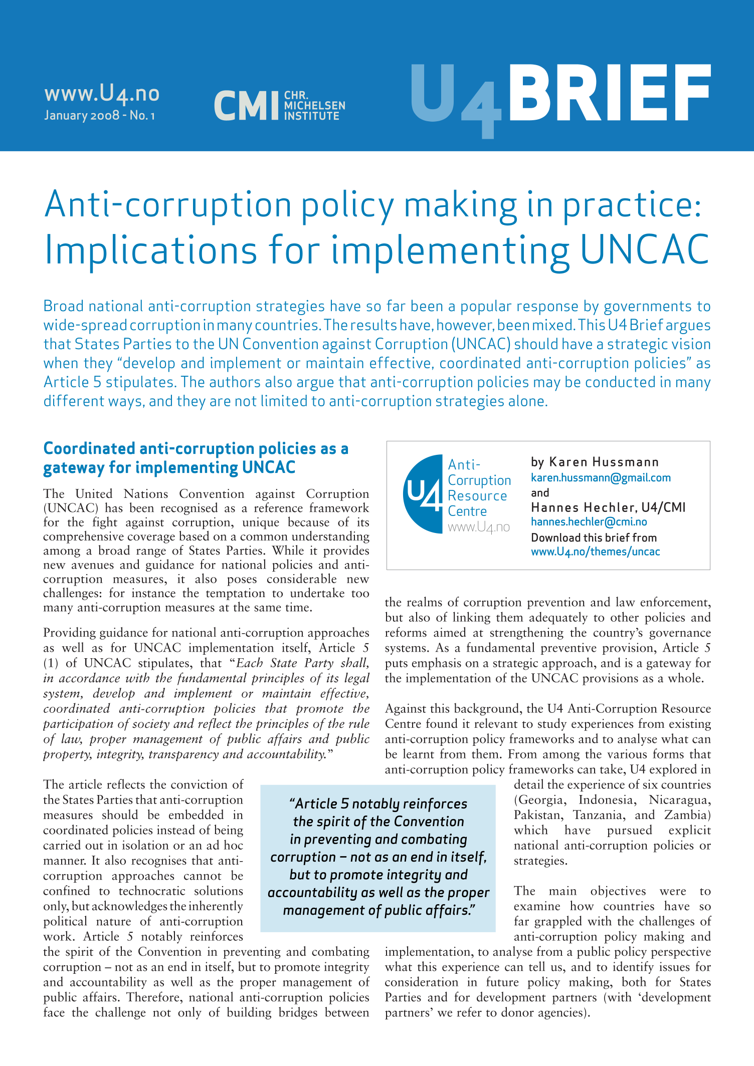 Anti-corruption Policy Making in Practice: Implications for Implementing UNCAC