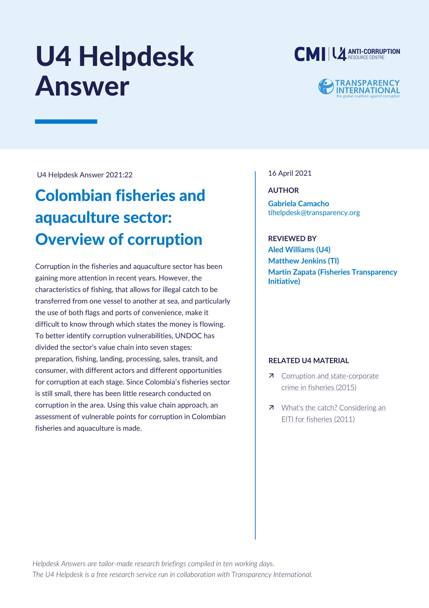 Colombian fisheries and aquaculture sector: Overview of corruption 