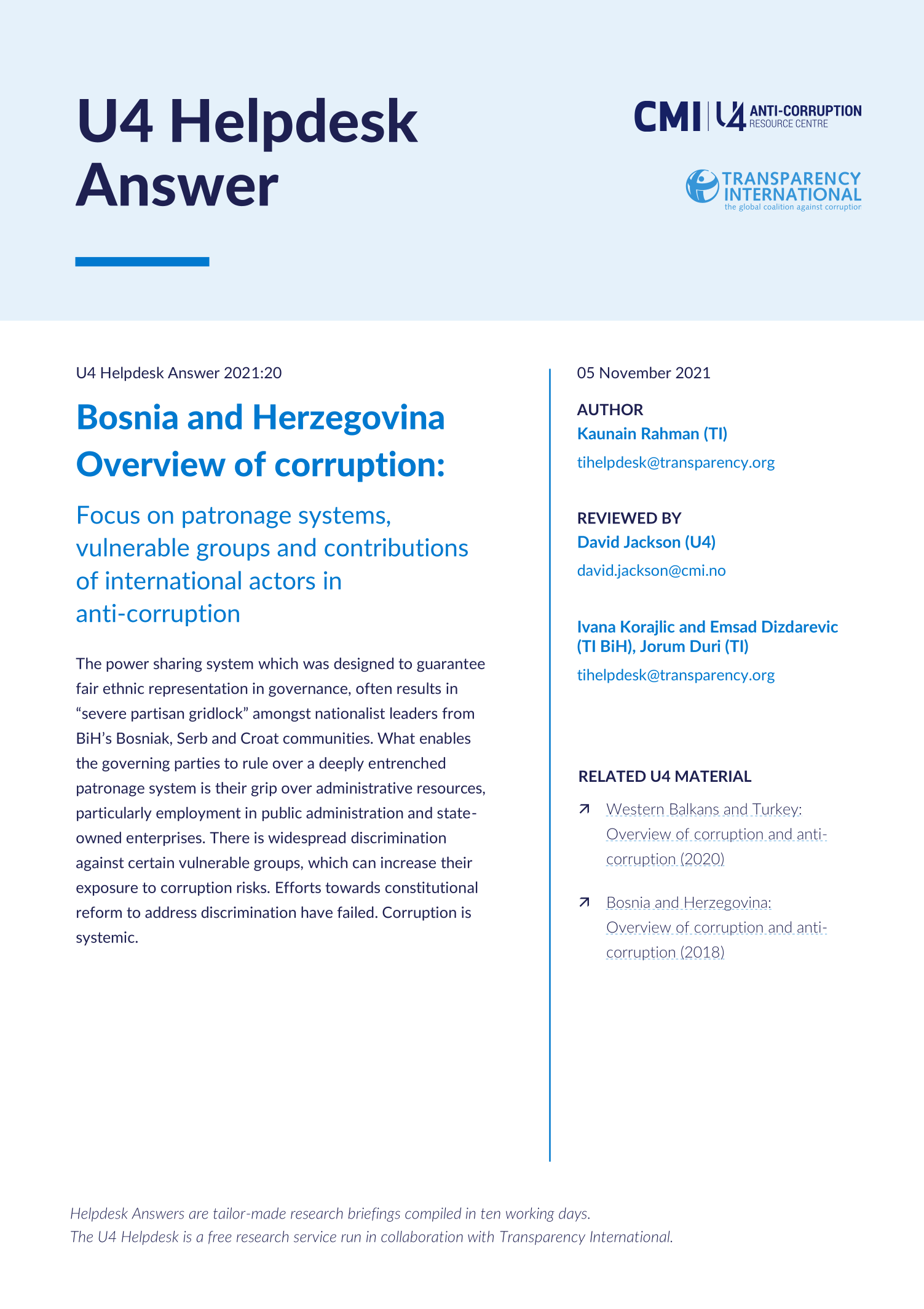 Bosnia and Herzegovina: Overview of corruption