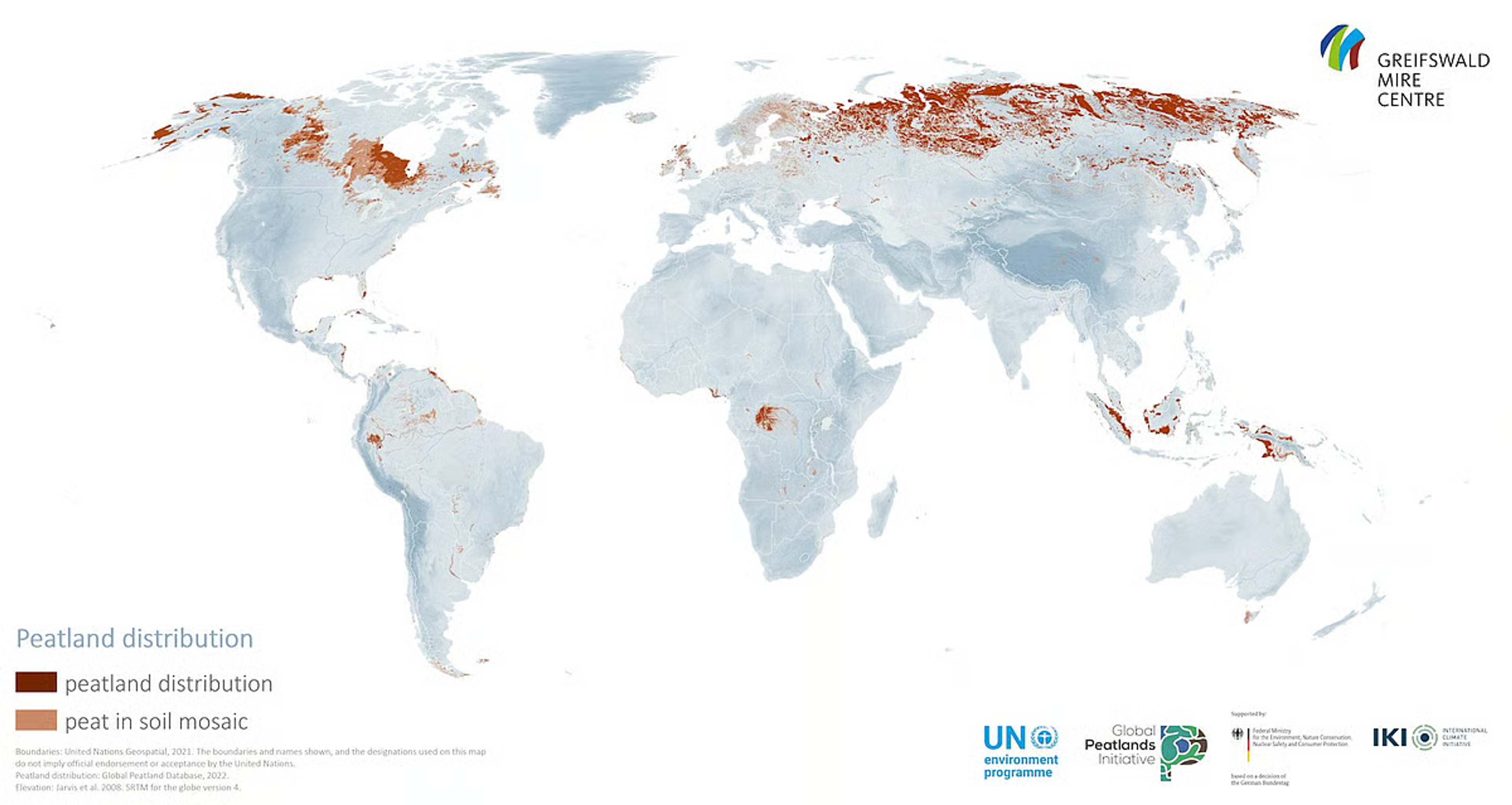 World map showing global peatland distribution, highlighting major regions such as northern Europe, Russia, and Canada.