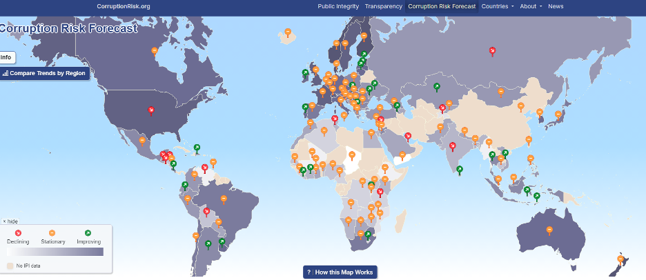A screenshot image of the CRF website. It shows a world map. Most countries has a colour coded pin, showing whether that country displays a declining or improving trend, or is stationary. Where there are no data for a country, the pin and trend are absent.
