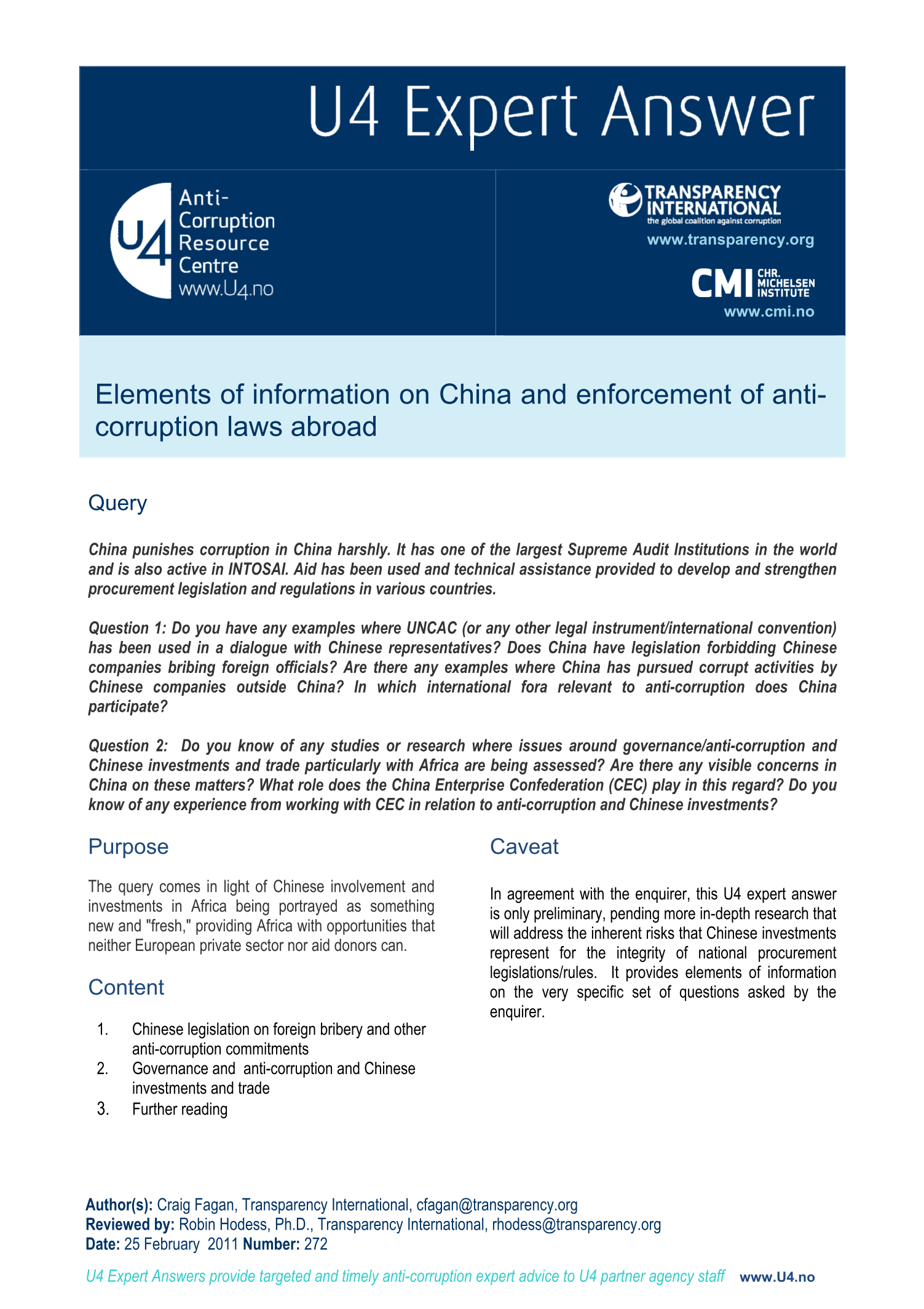 Elements of information on China and enforcement of anti-corruption laws abroad