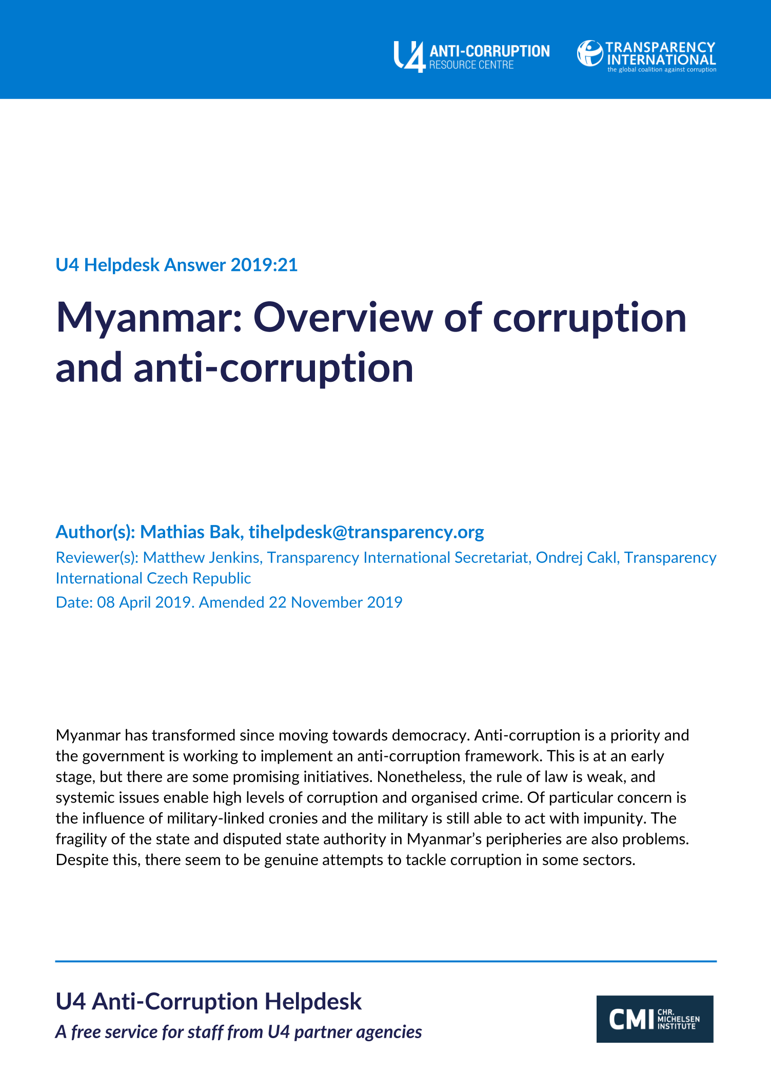 Myanmar: Overview of corruption and anti-corruption