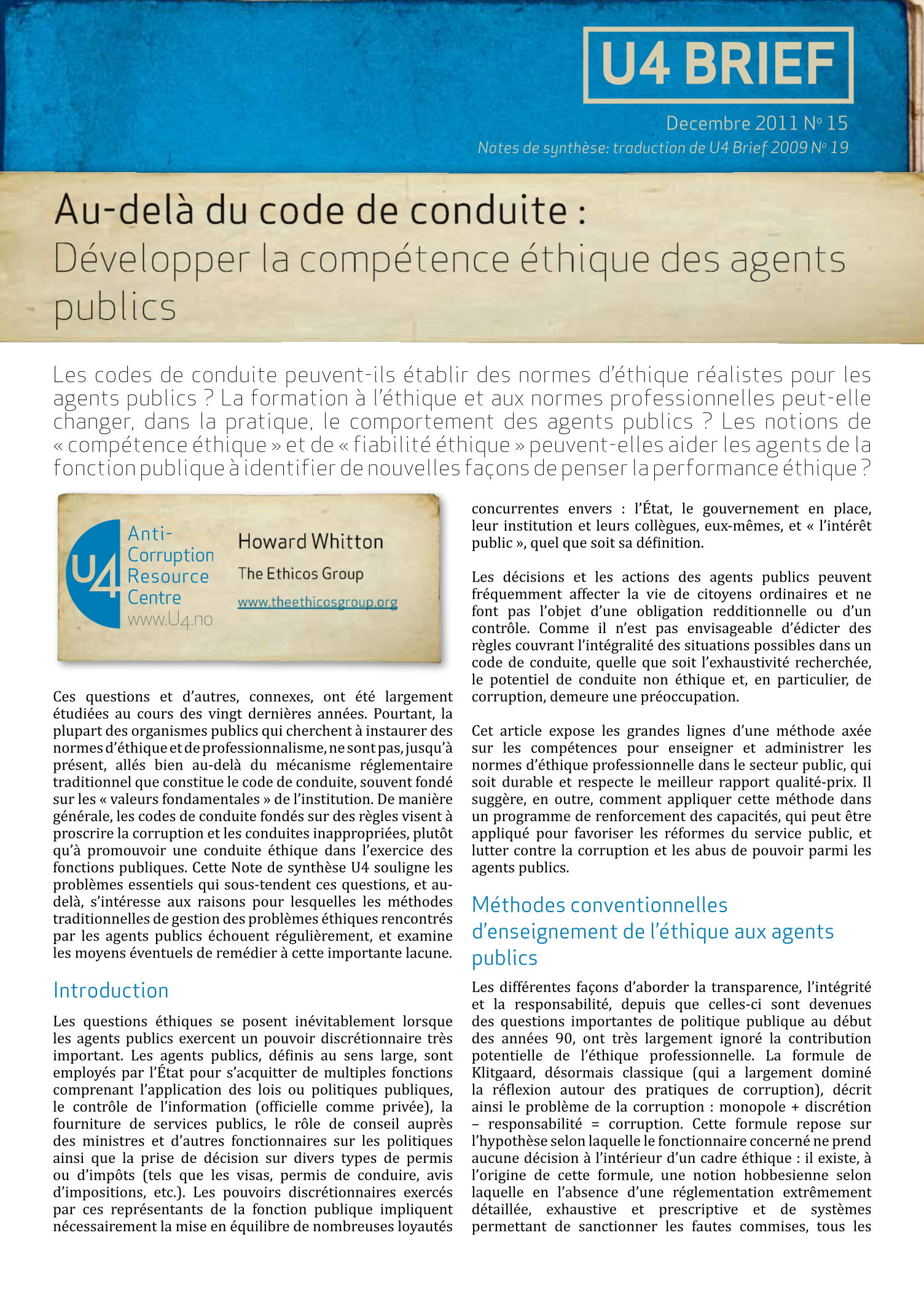 Au-delà du code de conduite : Développer la compétence éthique des agents publics