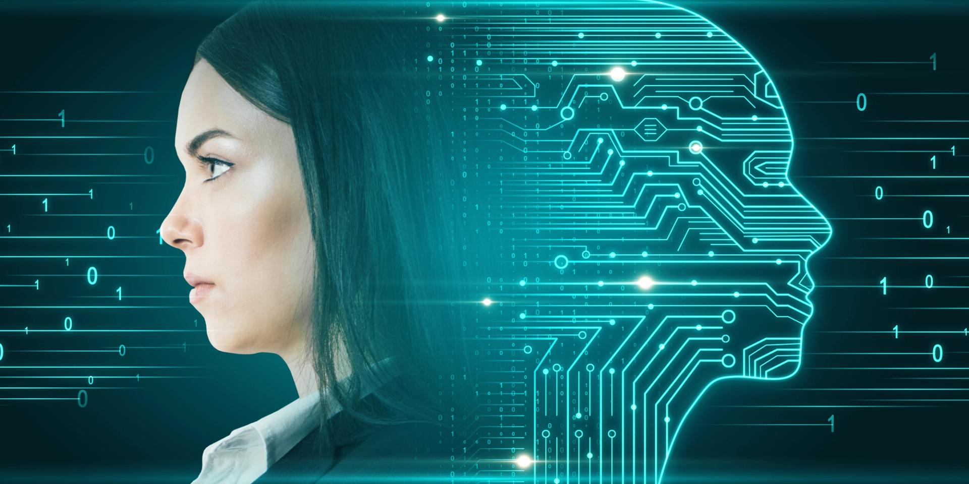 Side portrait of professional woman with digital head outline, circuit and binary code. Artificial intelligence and hardware concept.