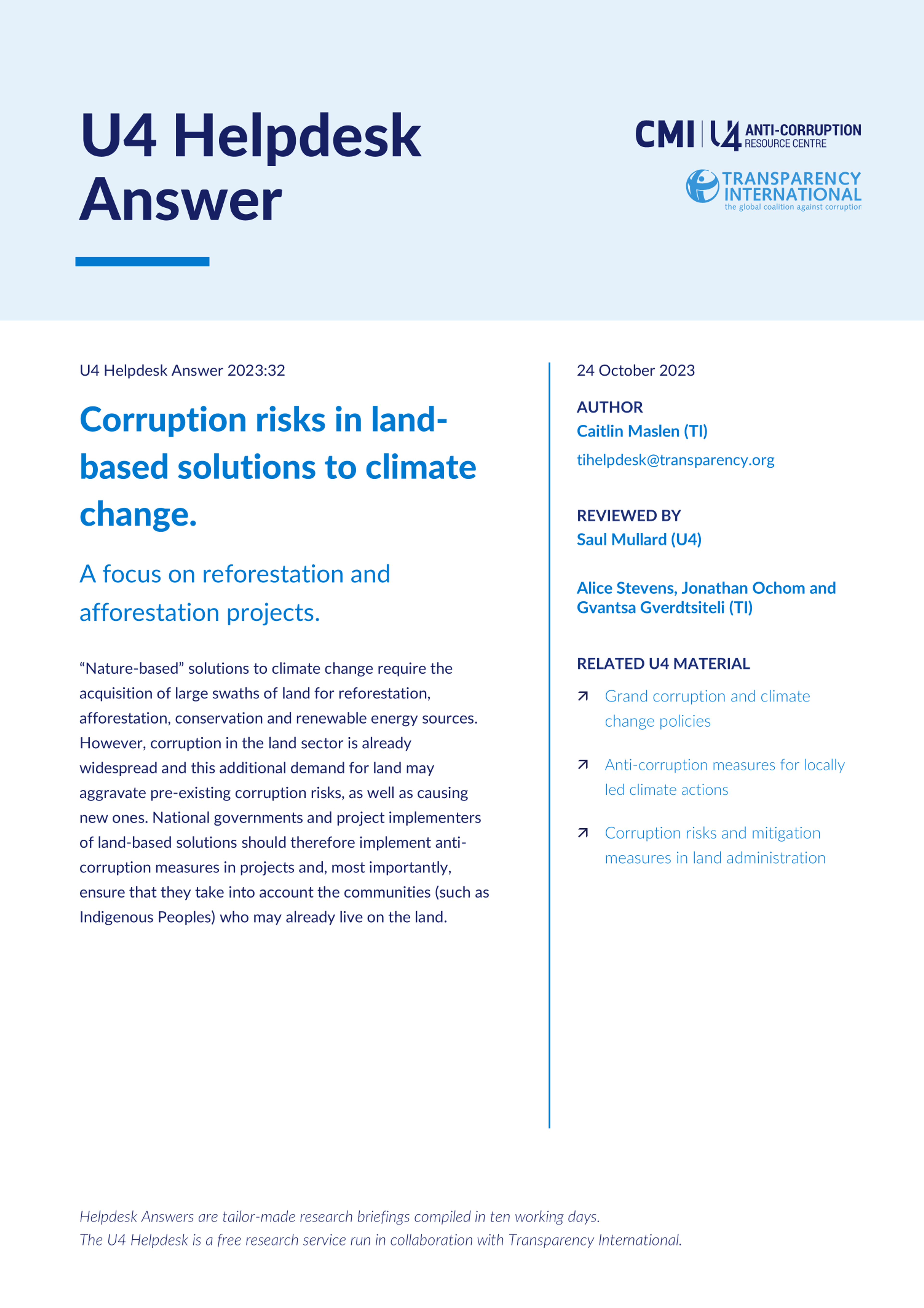 Corruption risks in land-based solutions to climate change.