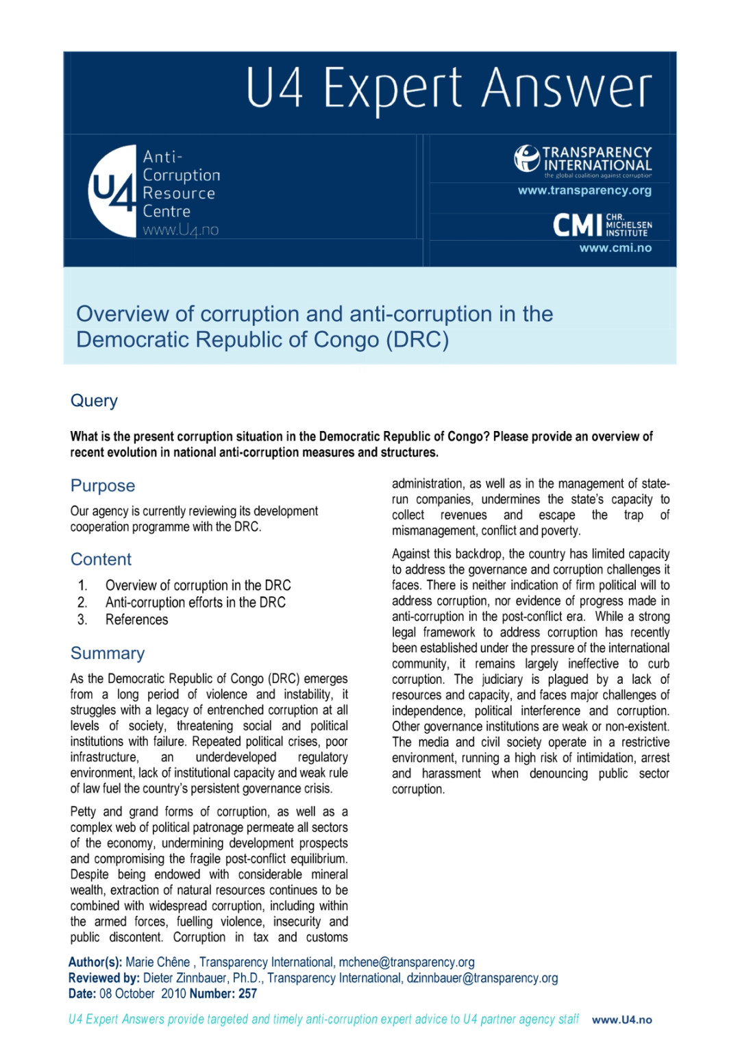 Overview of corruption and anti-corruption in the Democratic Republic ...