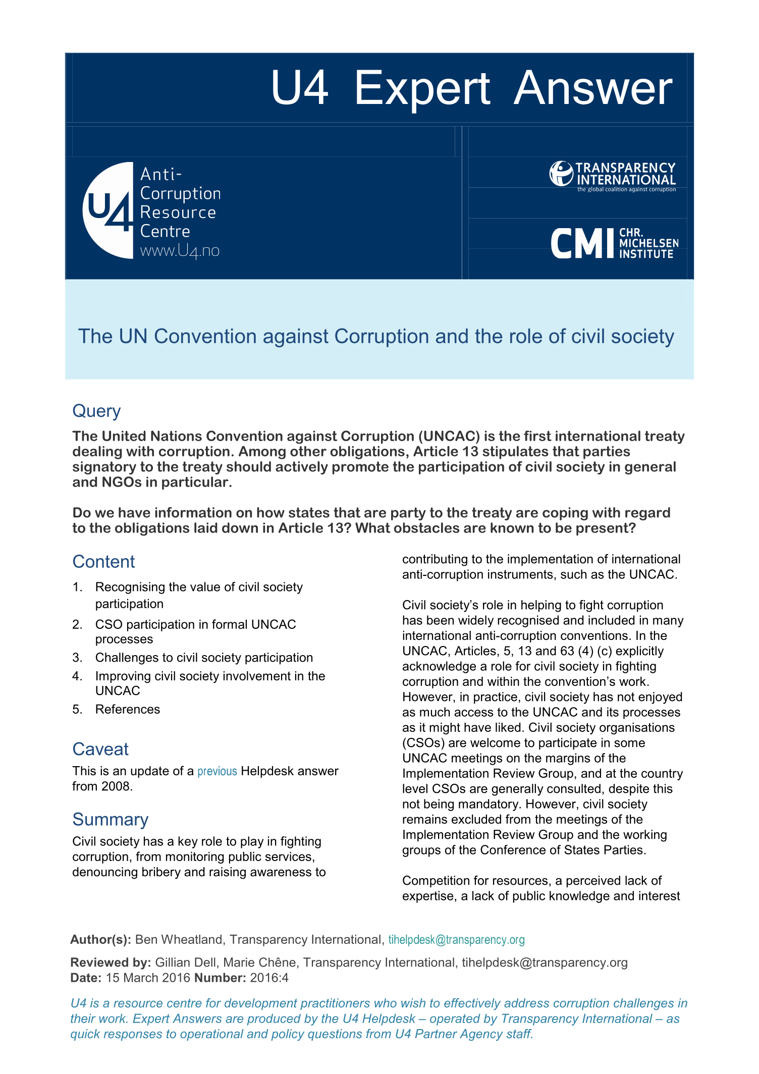 The UN Convention against Corruption and the role of civil society