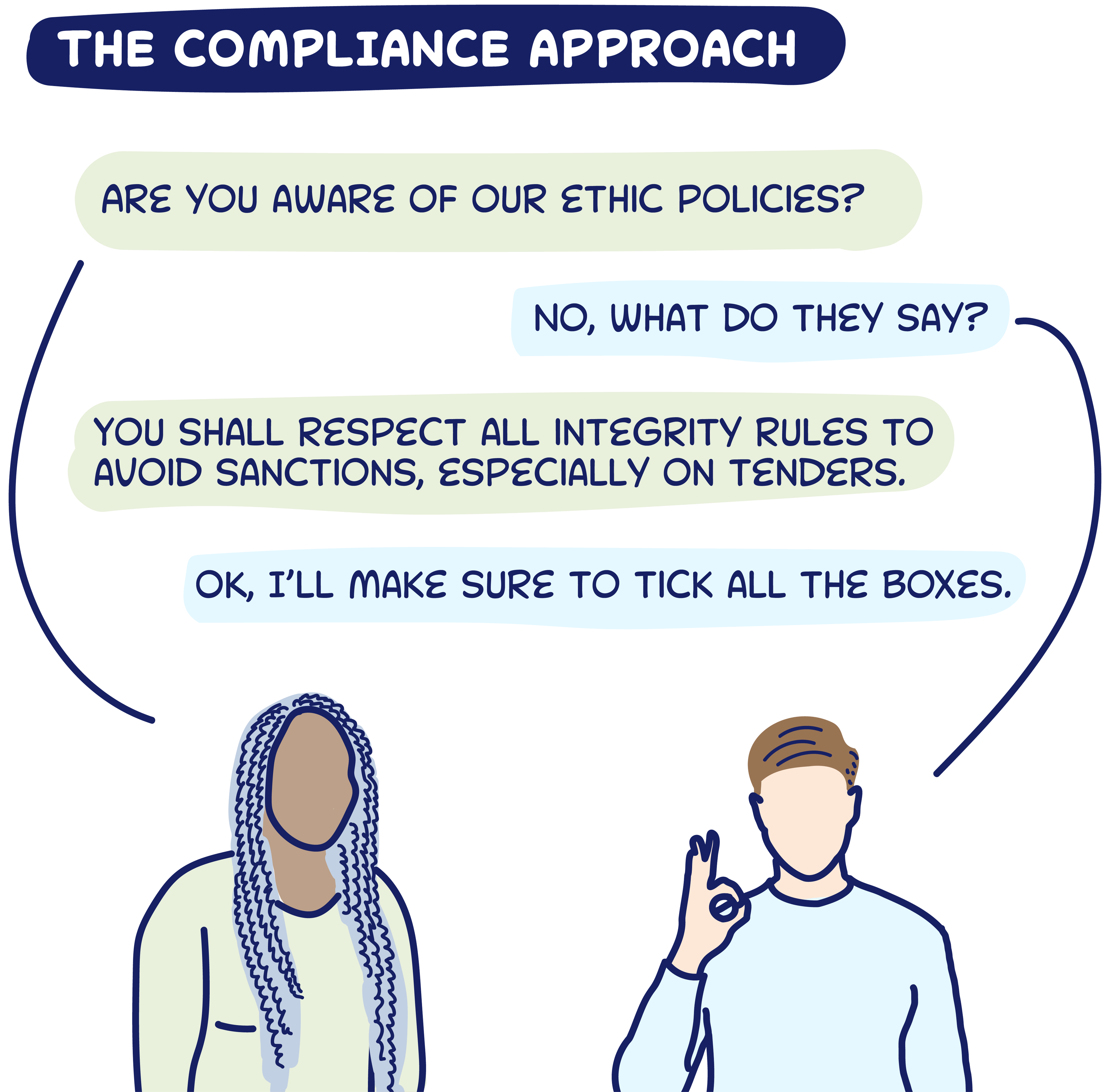 An illustrated conversation between two people.
