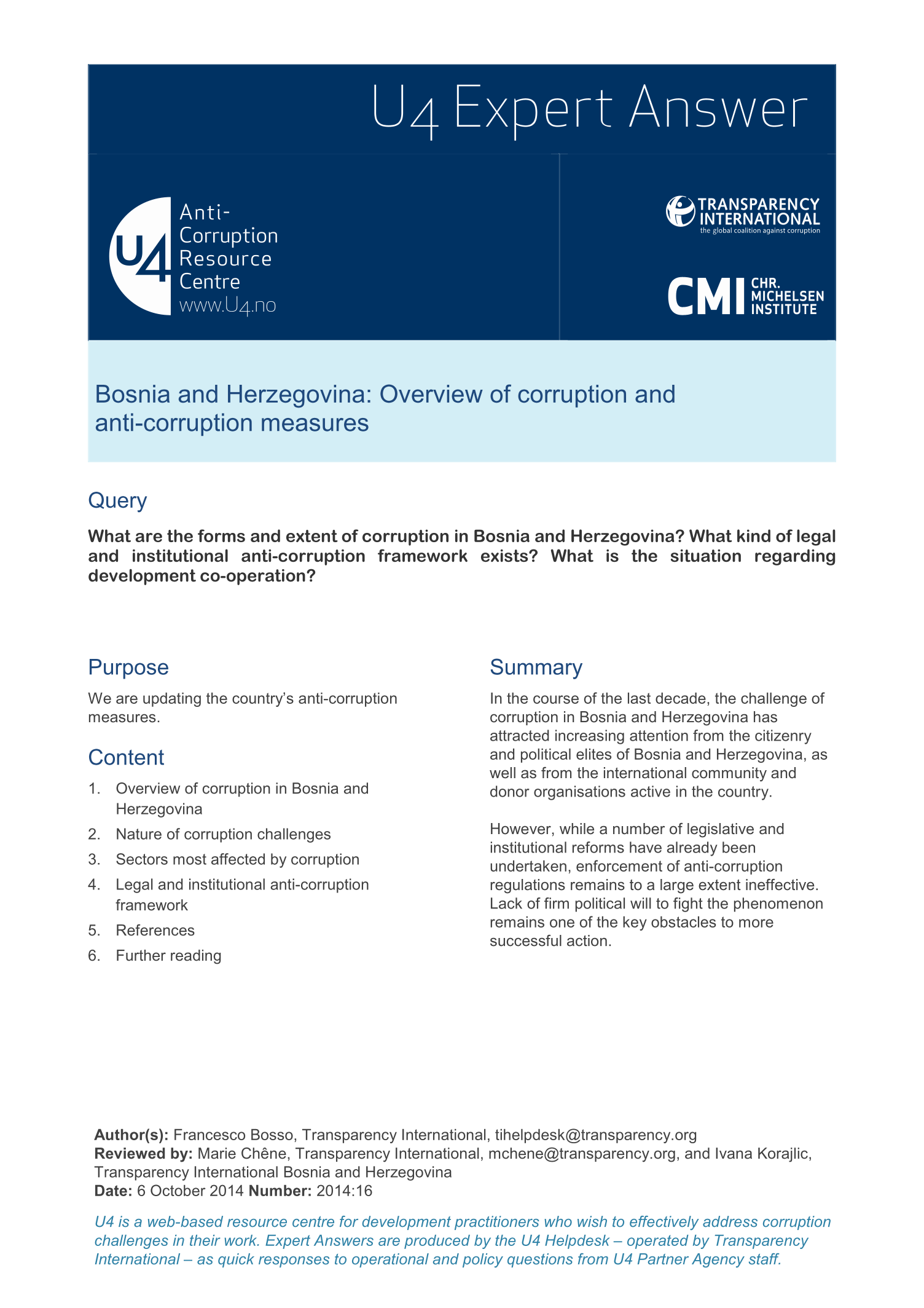 Bosnia and Herzegovina: Overview of corruption and anti-corruption measures