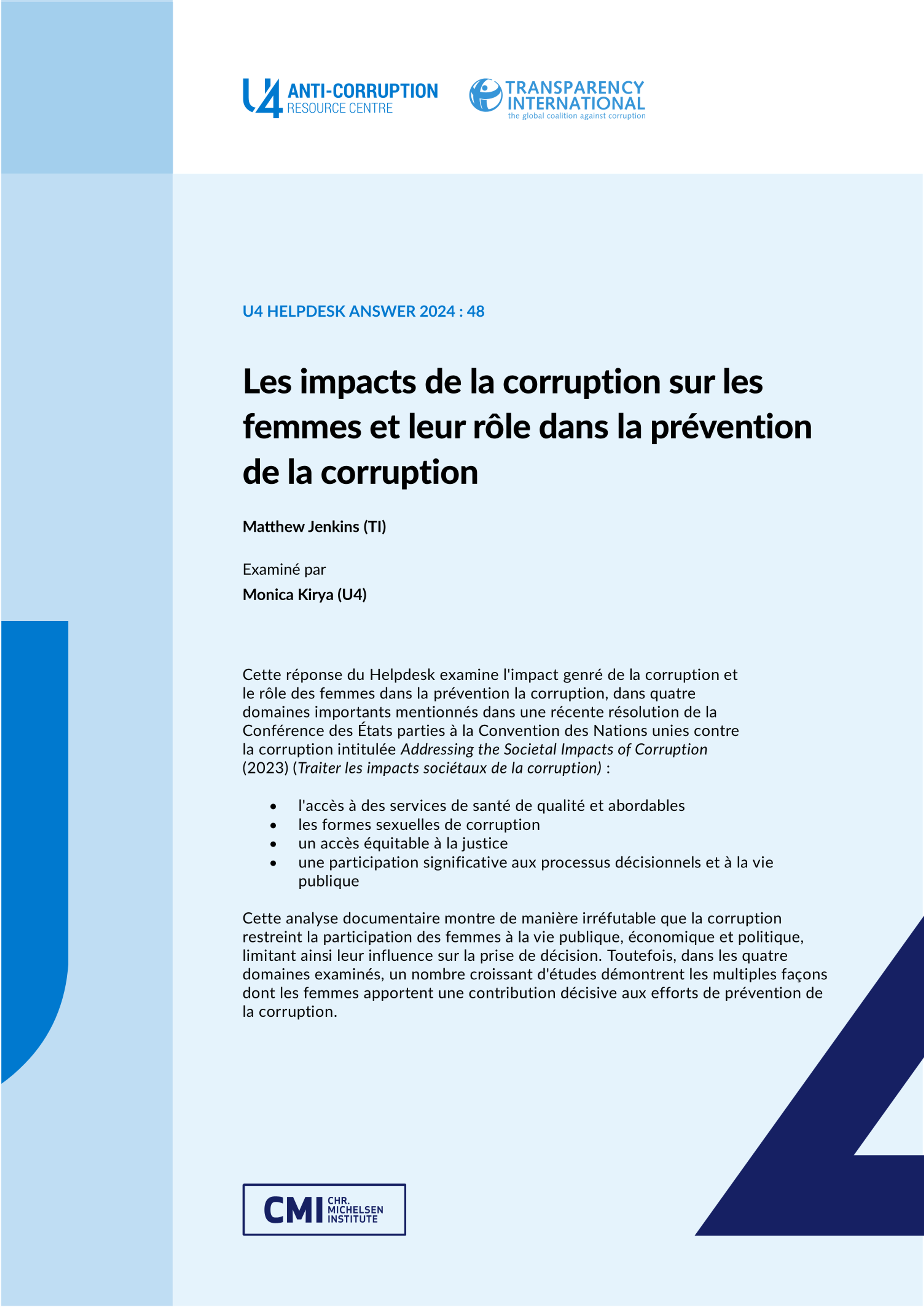 Les impacts de la corruption sur les femmes et leur rôle dans la prévention de la corruption