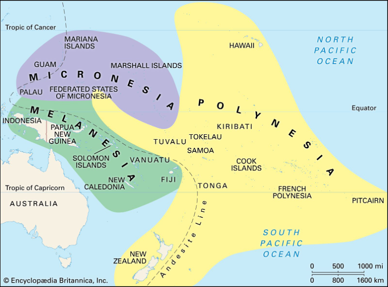 Map of Oceania highlighting the regions of Micronesia, Melanesia, and Polynesia across the Pacific Ocean.