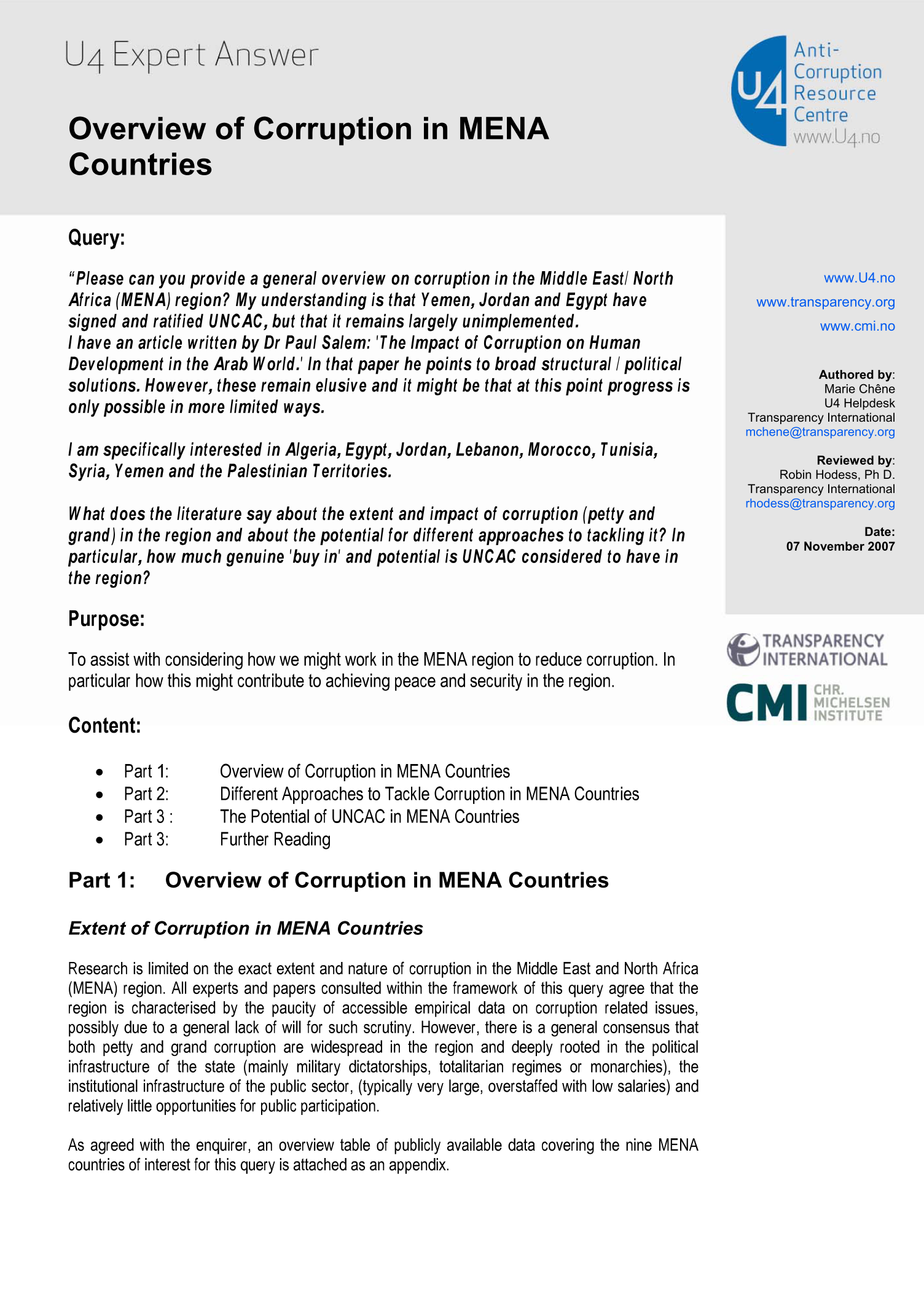 Overview of corruption in MENA countries