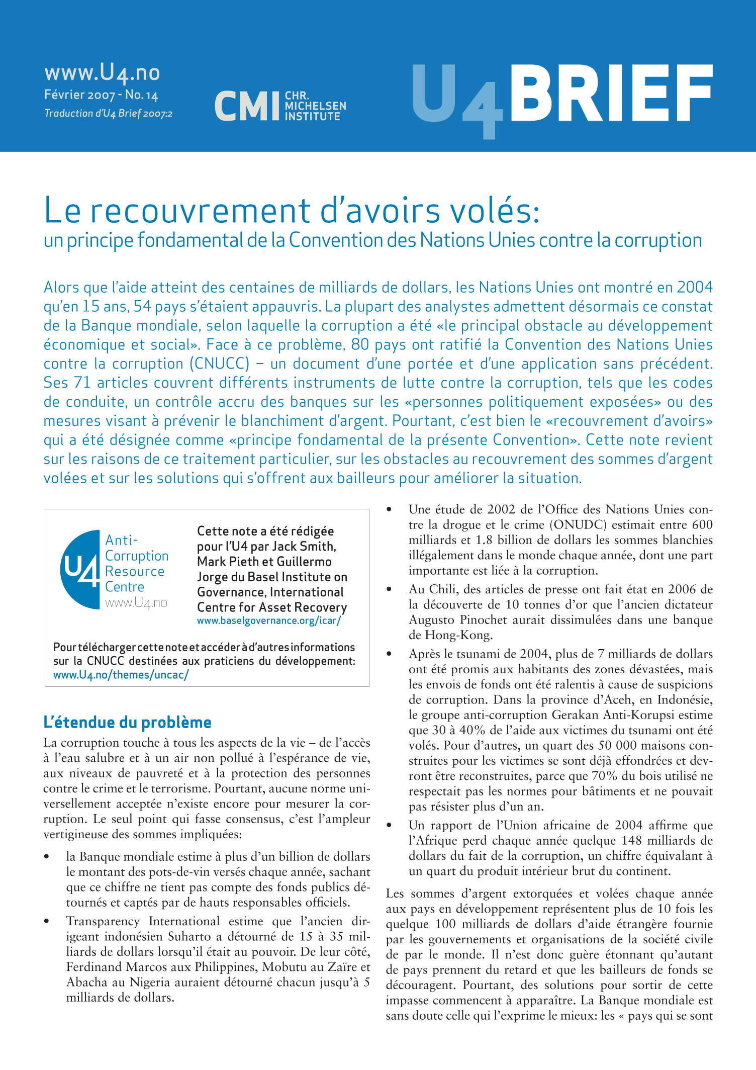 Le recouvrement d'avoirs volés: un principe fondamental de la Convention des Nations Unies contre la corruption