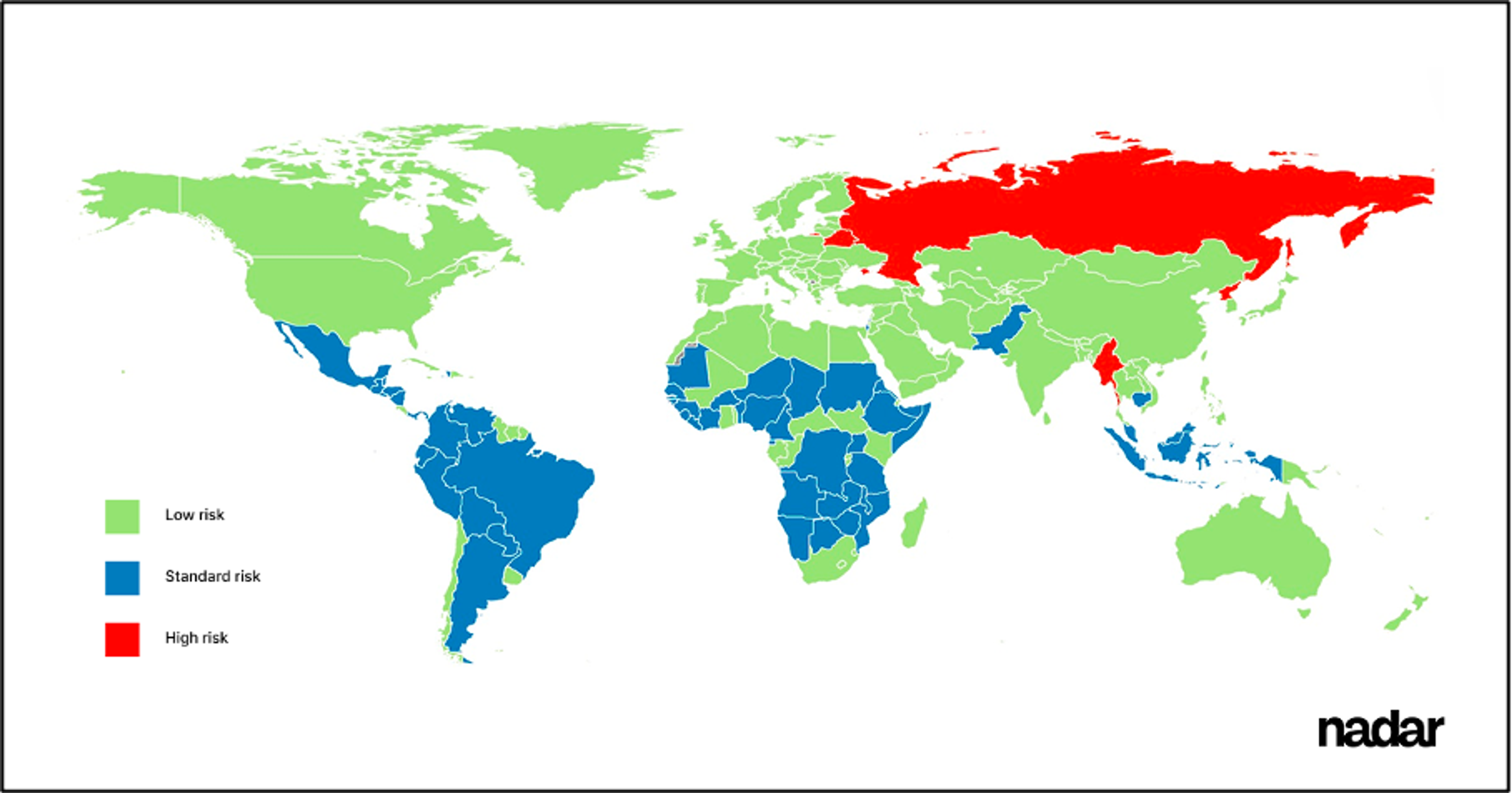 World map colour-coded by low (green), standard (blue), and high (red) risk levels.