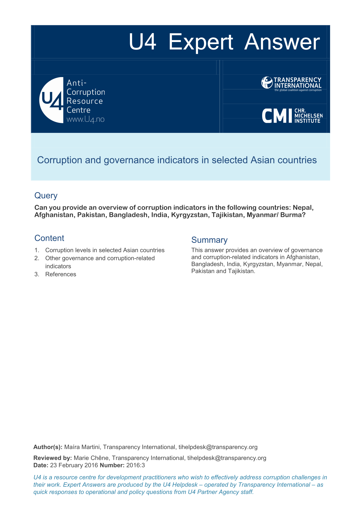Corruption and governance indicators in selected Asian countries