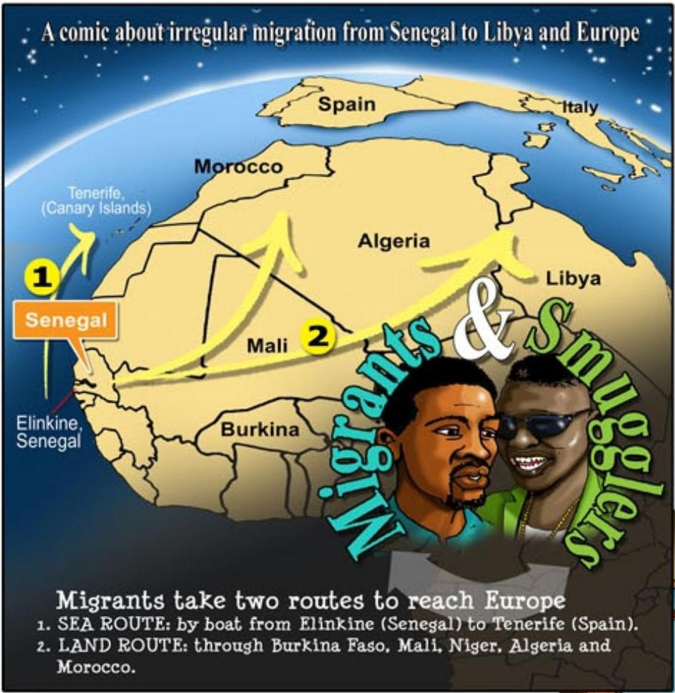 One illustrated comic-style panel. They are the opening of a comic called 'Migrants and Smugglers'. The panel shows a map illustrating migration paths from Senegal to Europe over sea and land.