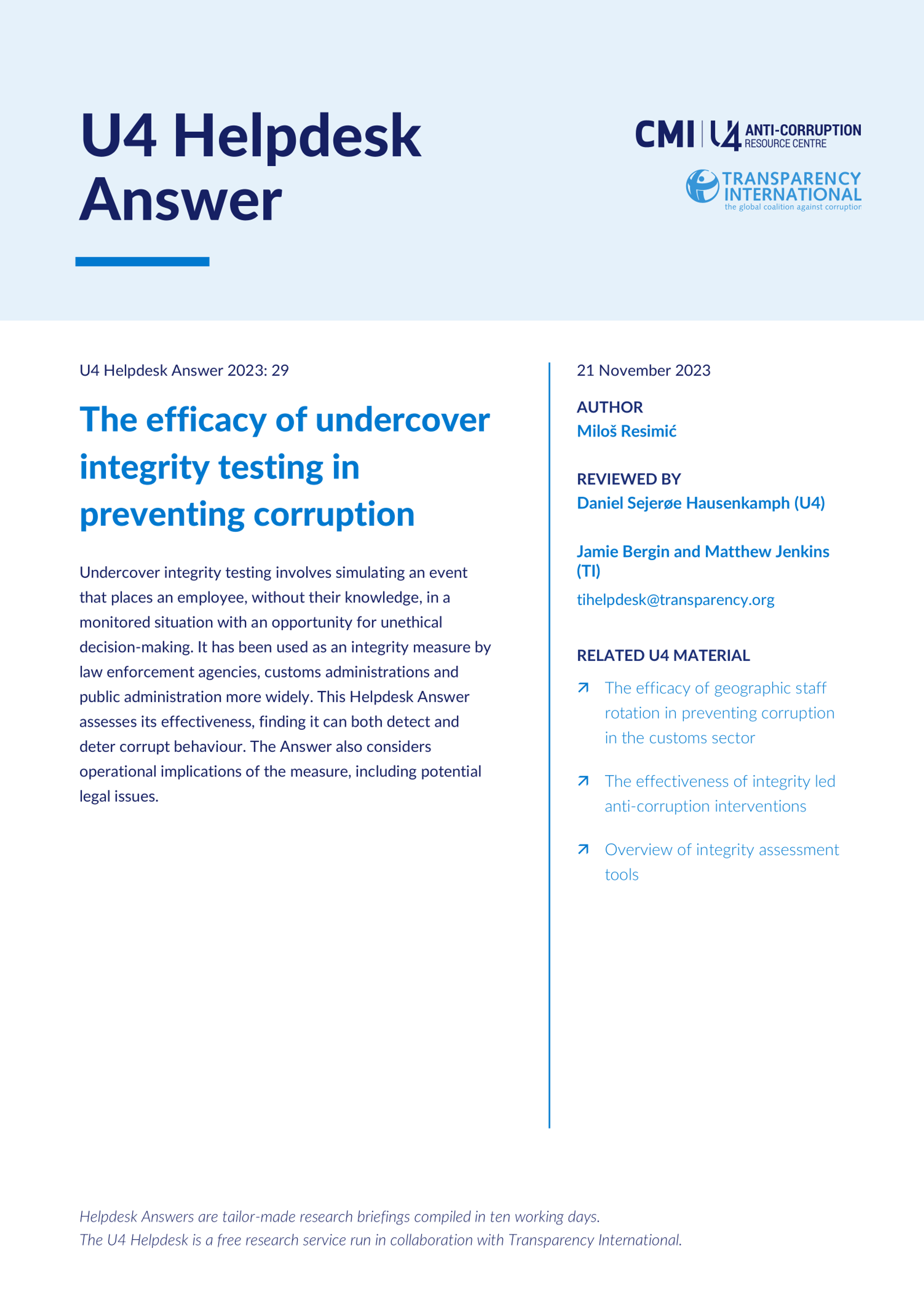 The efficacy of undercover integrity testing in preventing corruption