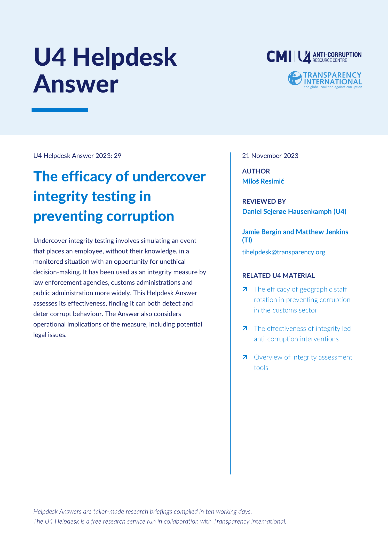 The efficacy of undercover integrity testing in preventing corruption