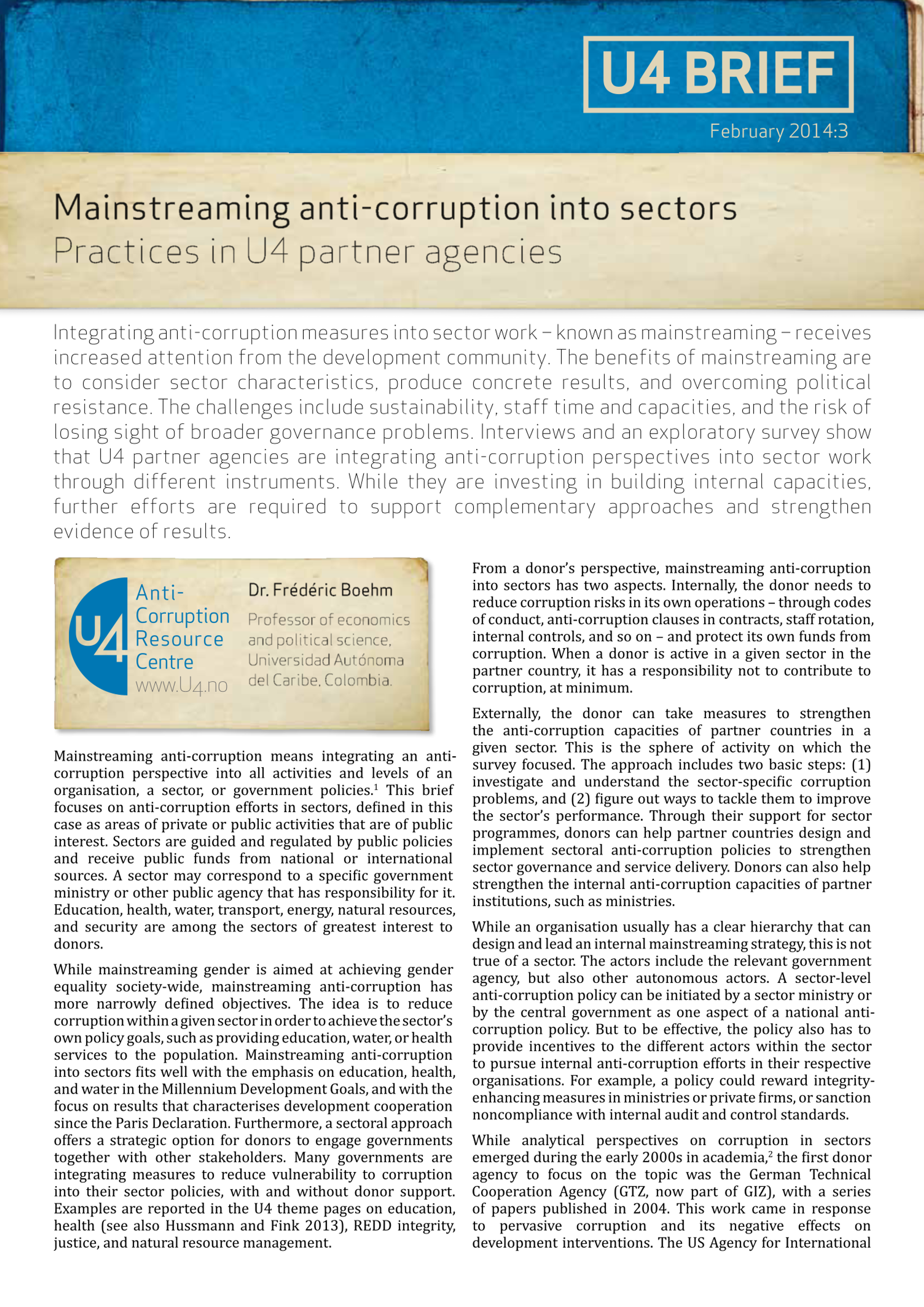 Mainstreaming anti-corruption into sectors: Practices in U4 partner agencies
