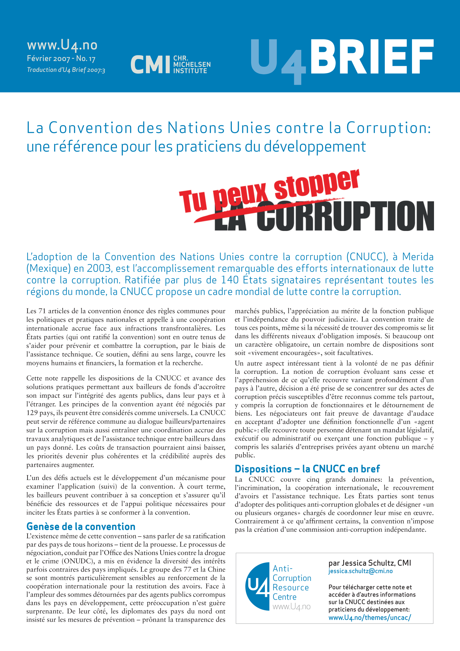La Convention des Nations Unies contre la Corruption:  une référence pour les praticiens du développement