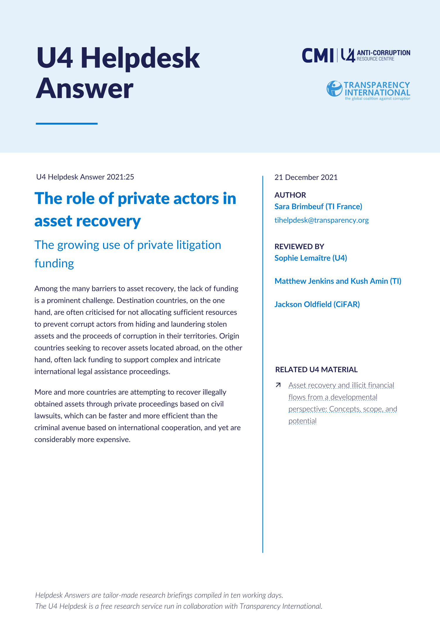 The role of private actors in asset recovery