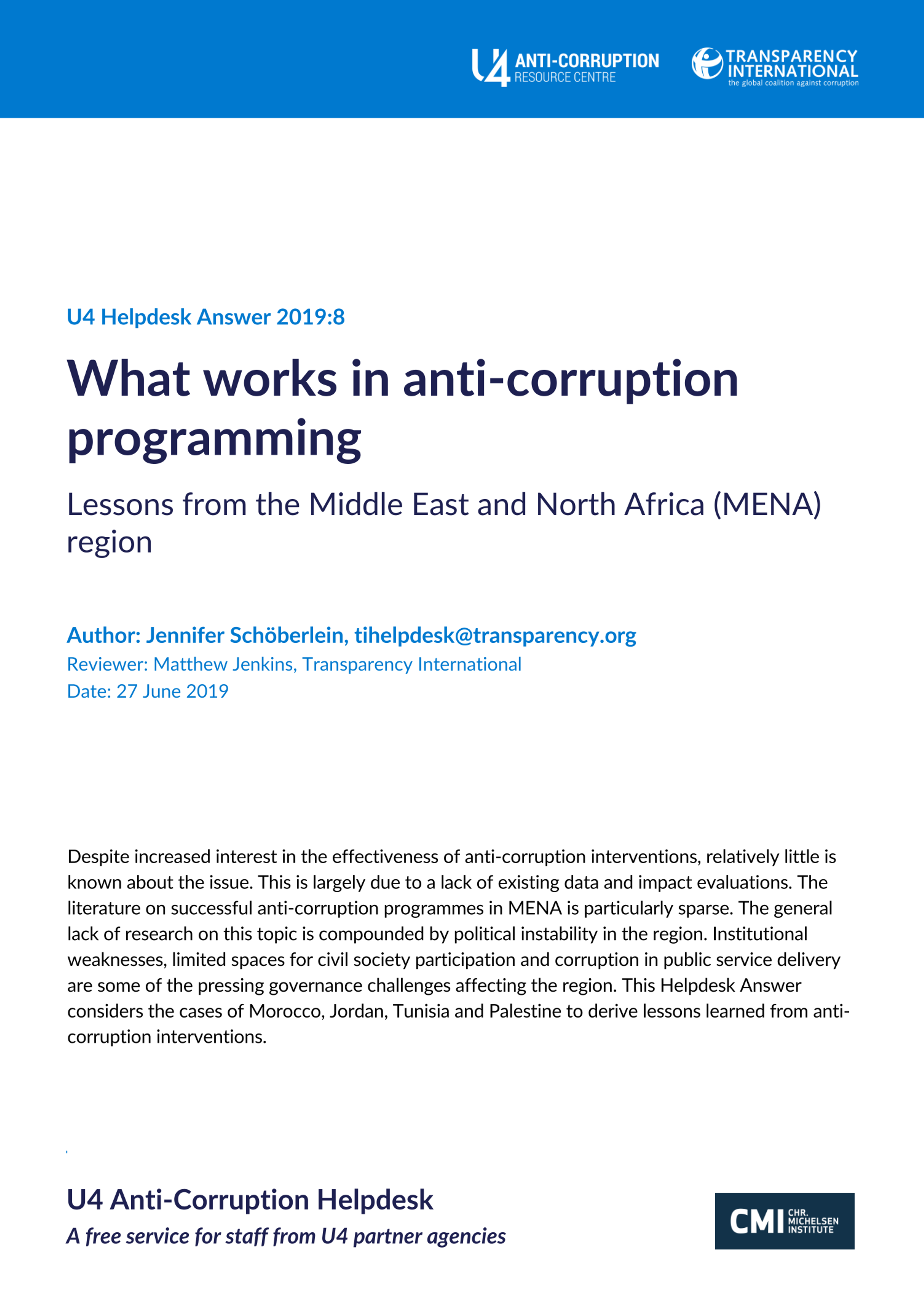 What works in anti-corruption programming: Lessons from the Middle East and North Africa region