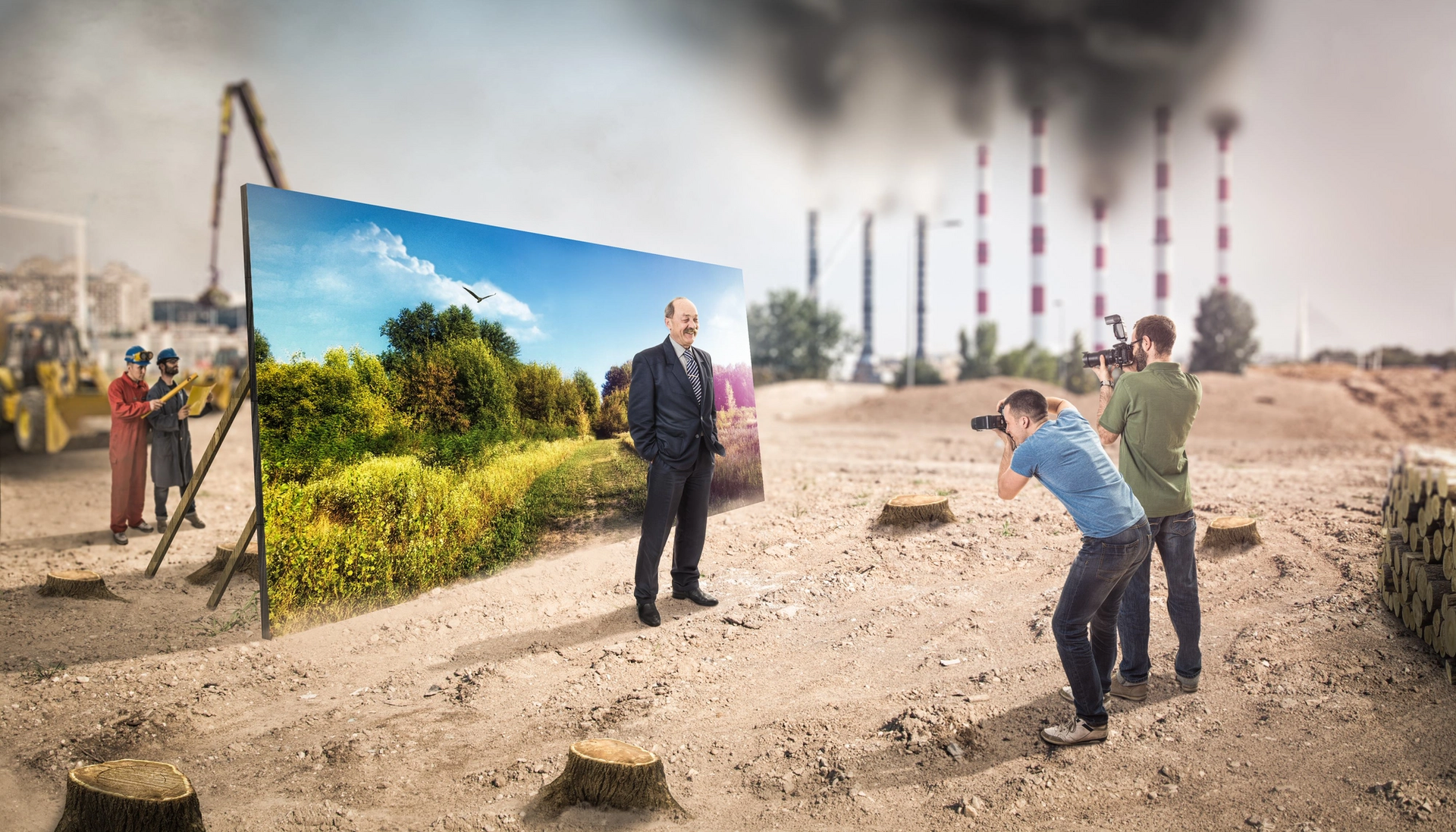 Business man poses for photographers in front of a fake nature backdrop.