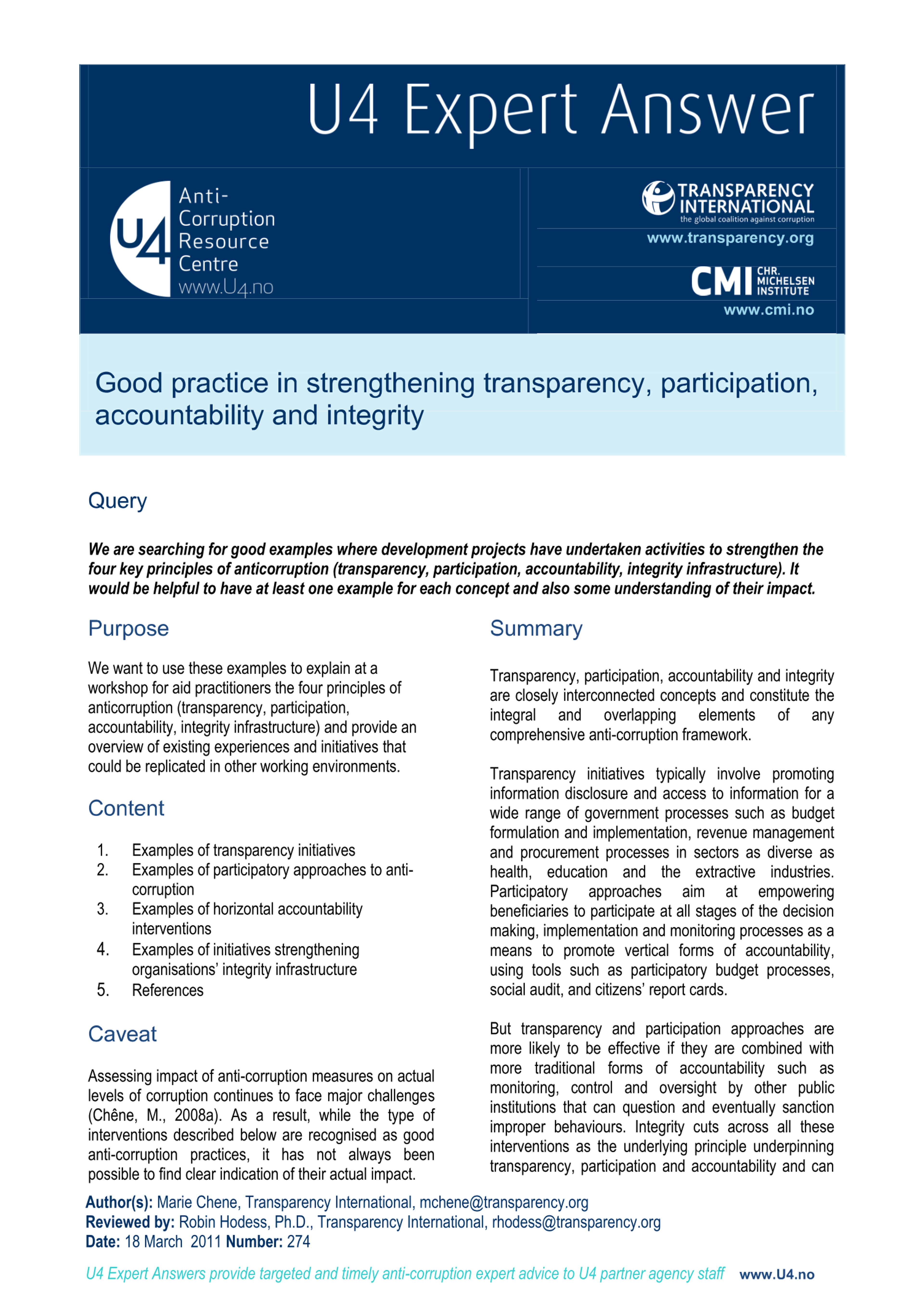 Good practice in strengthening transparency, participation, accountability and integrity