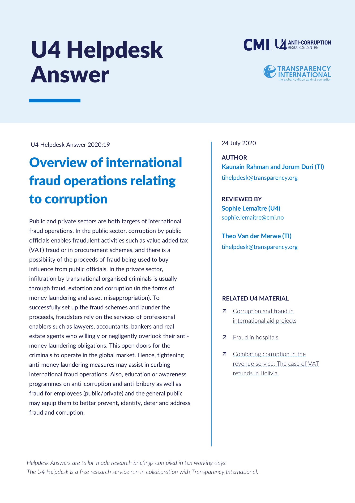 Overview of international fraud operations relating to corruption
