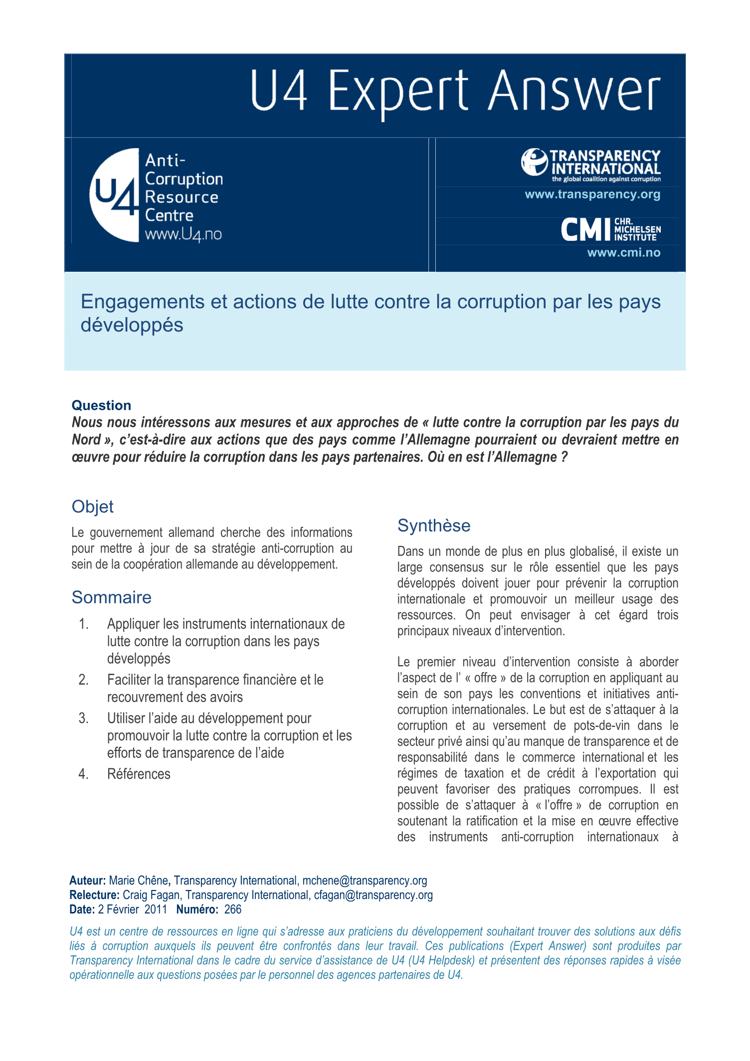 Engagements et actions de lutte contre la corruption par les pays développés