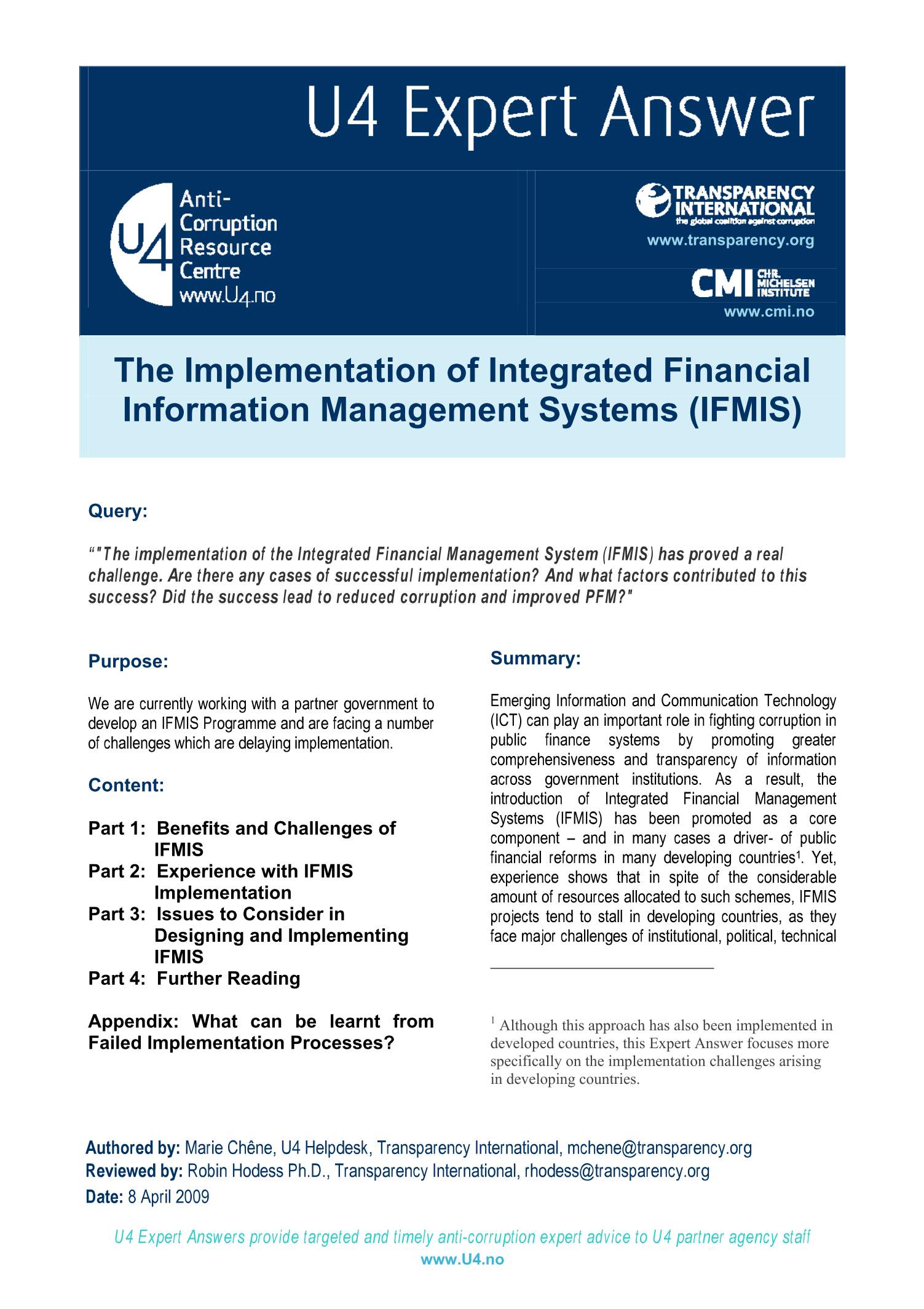 The implementation of Integrated Financial Management Systems (IFMIS)