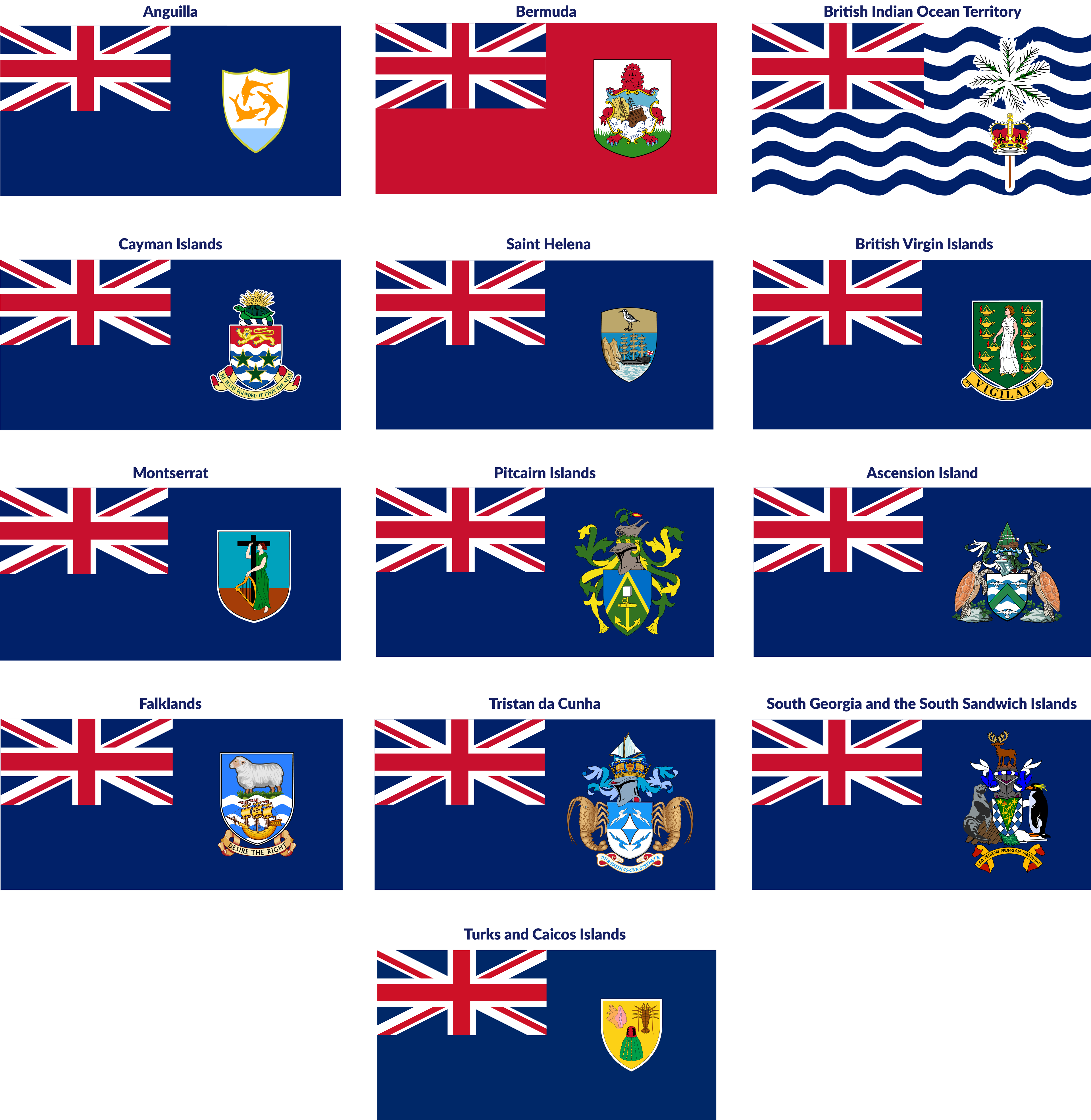 A set of 13 flags that contain the Union Jack.