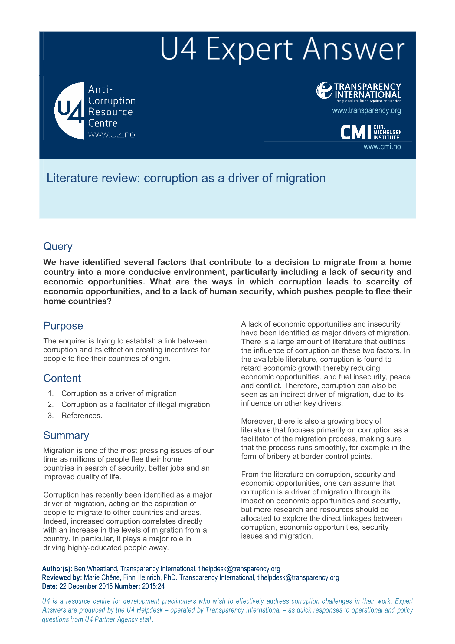 Literature review: corruption as a driver of migration
