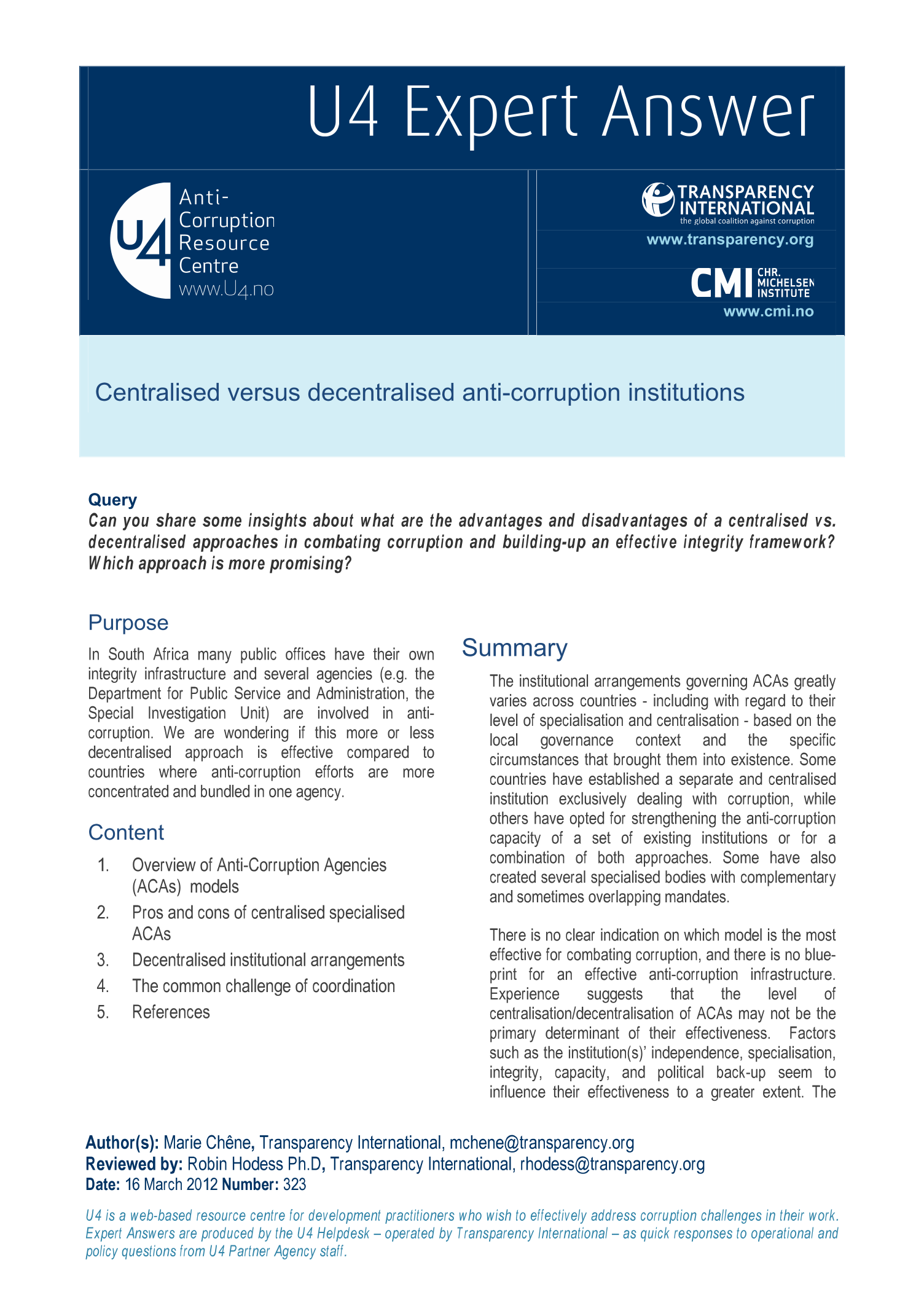 Centralised versus decentralised anti-corruption institutions 